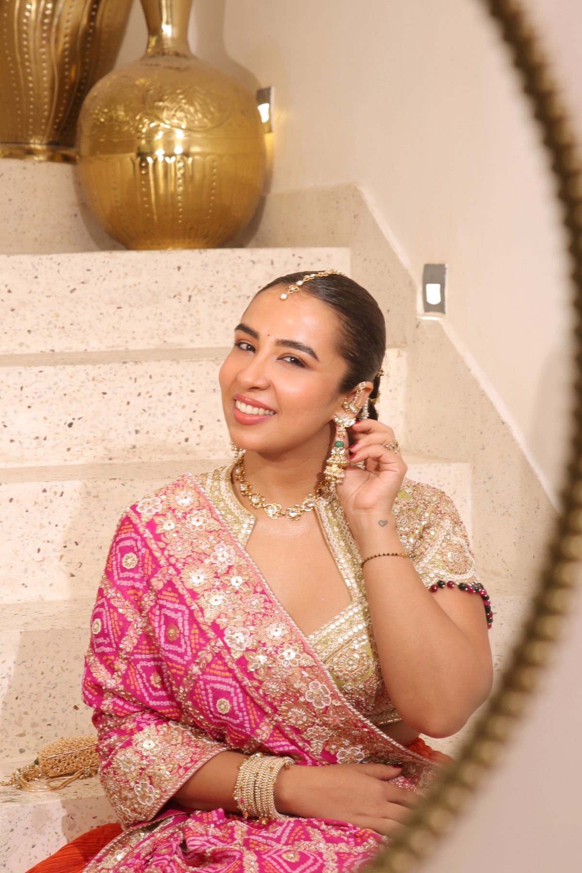 Maggi In Gulnaar Sunset Ombre Lehenga with Pink Ghatchola Bandhani Dupatta