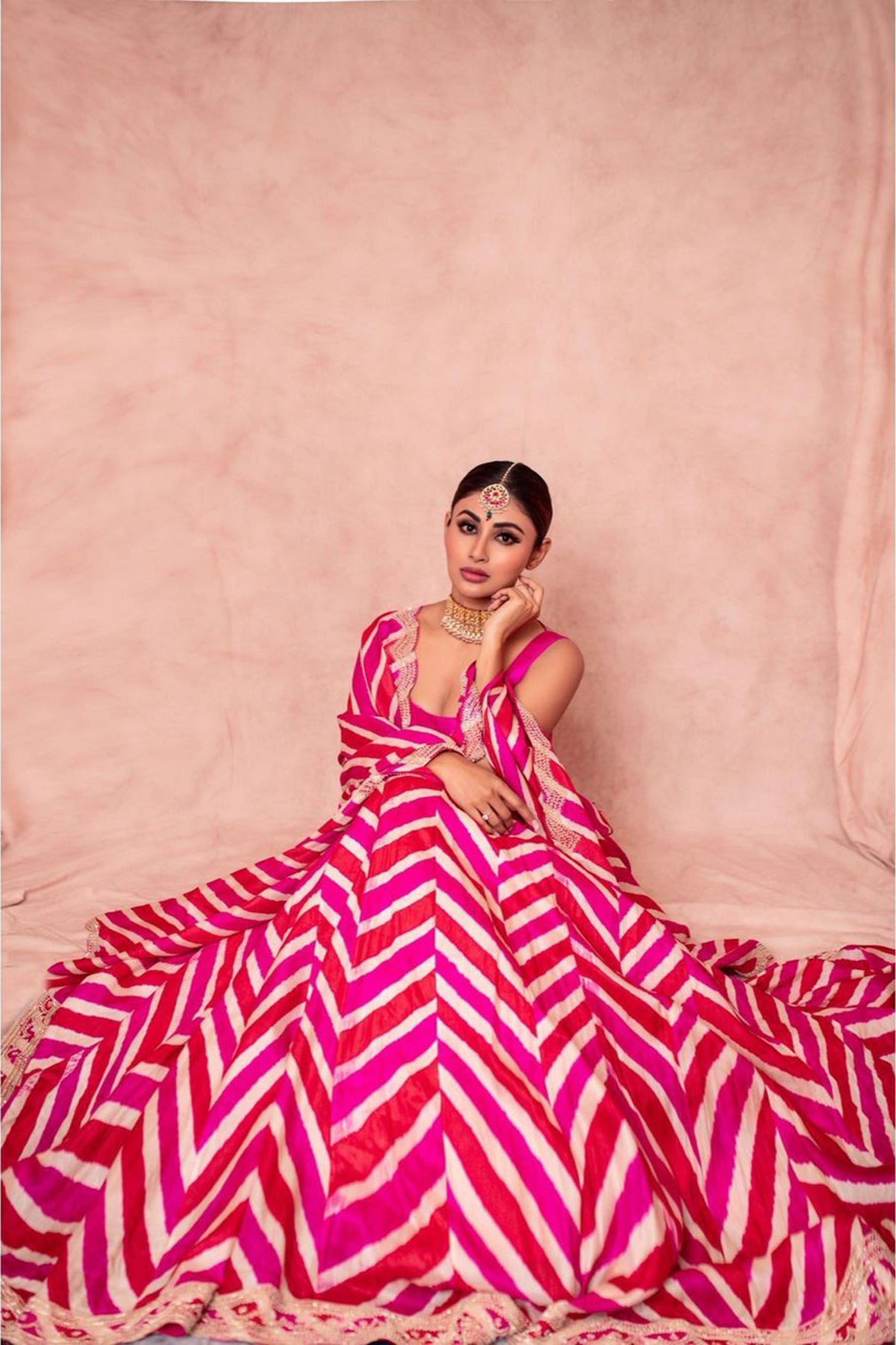 Pink Tussar Silk Leheriya Lehenga Set