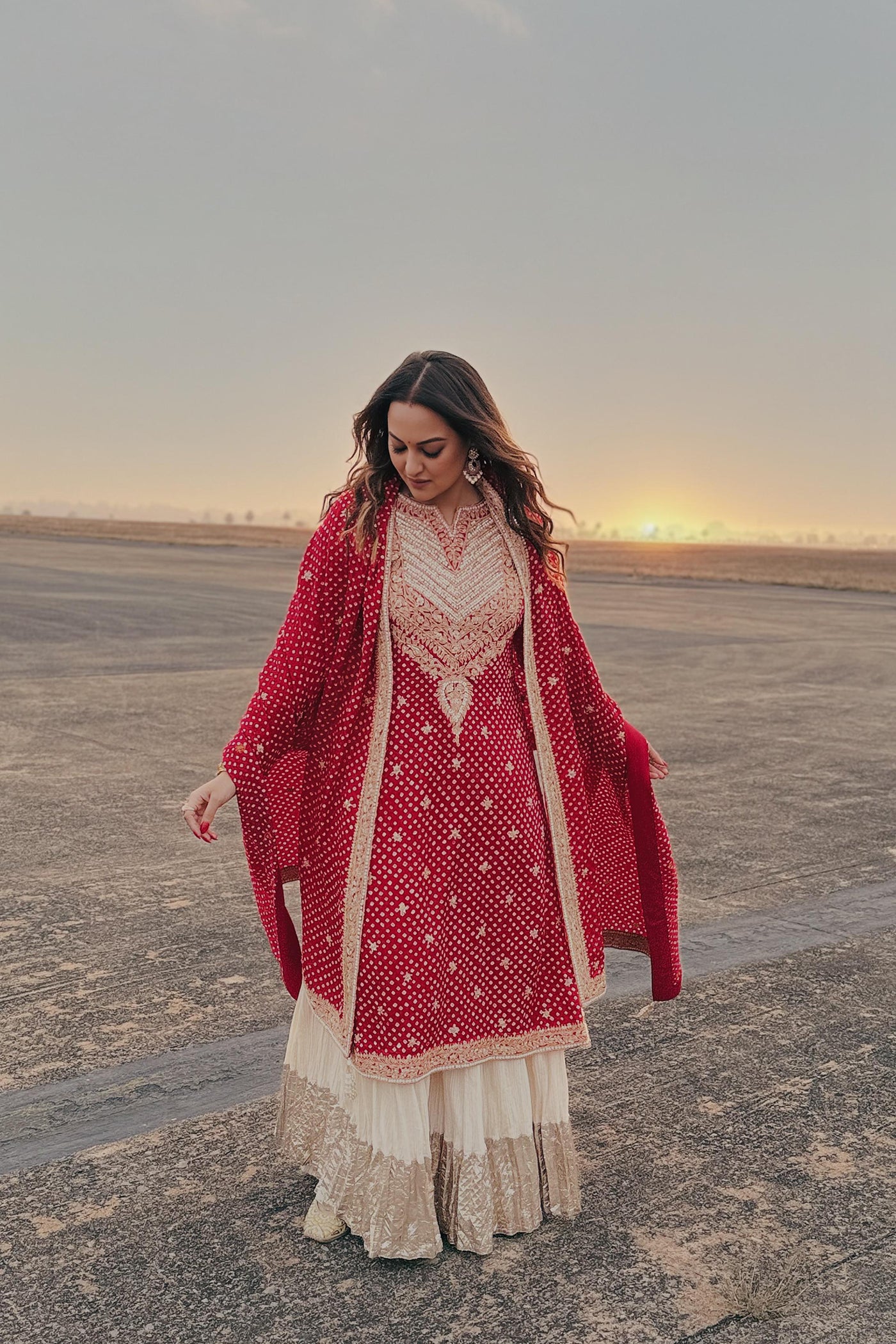 Red Bandhani Gajji Silk Heavy Yoke Kurta Set