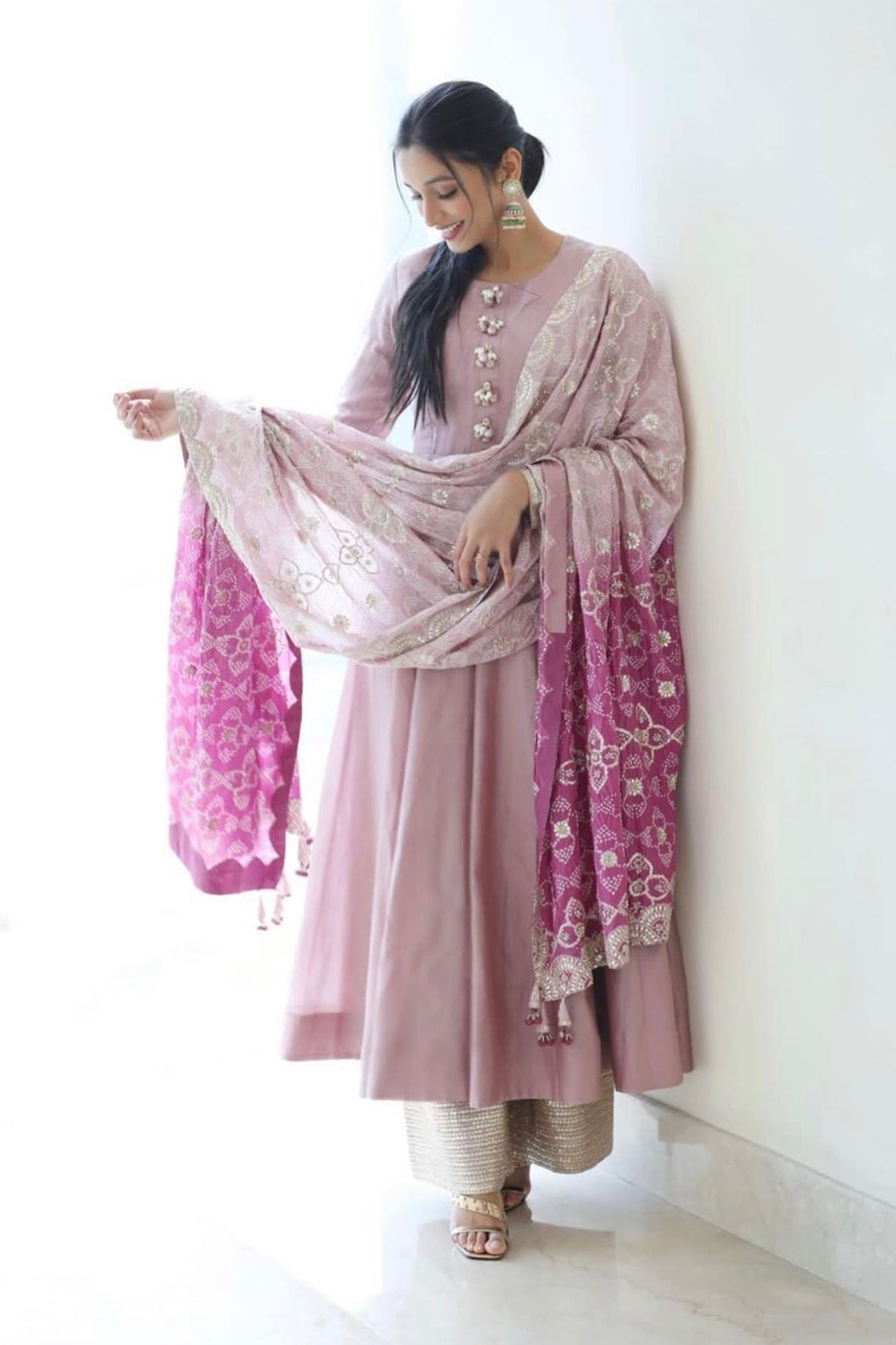 Lavender-anarkali Set with Bandhani Dupatta