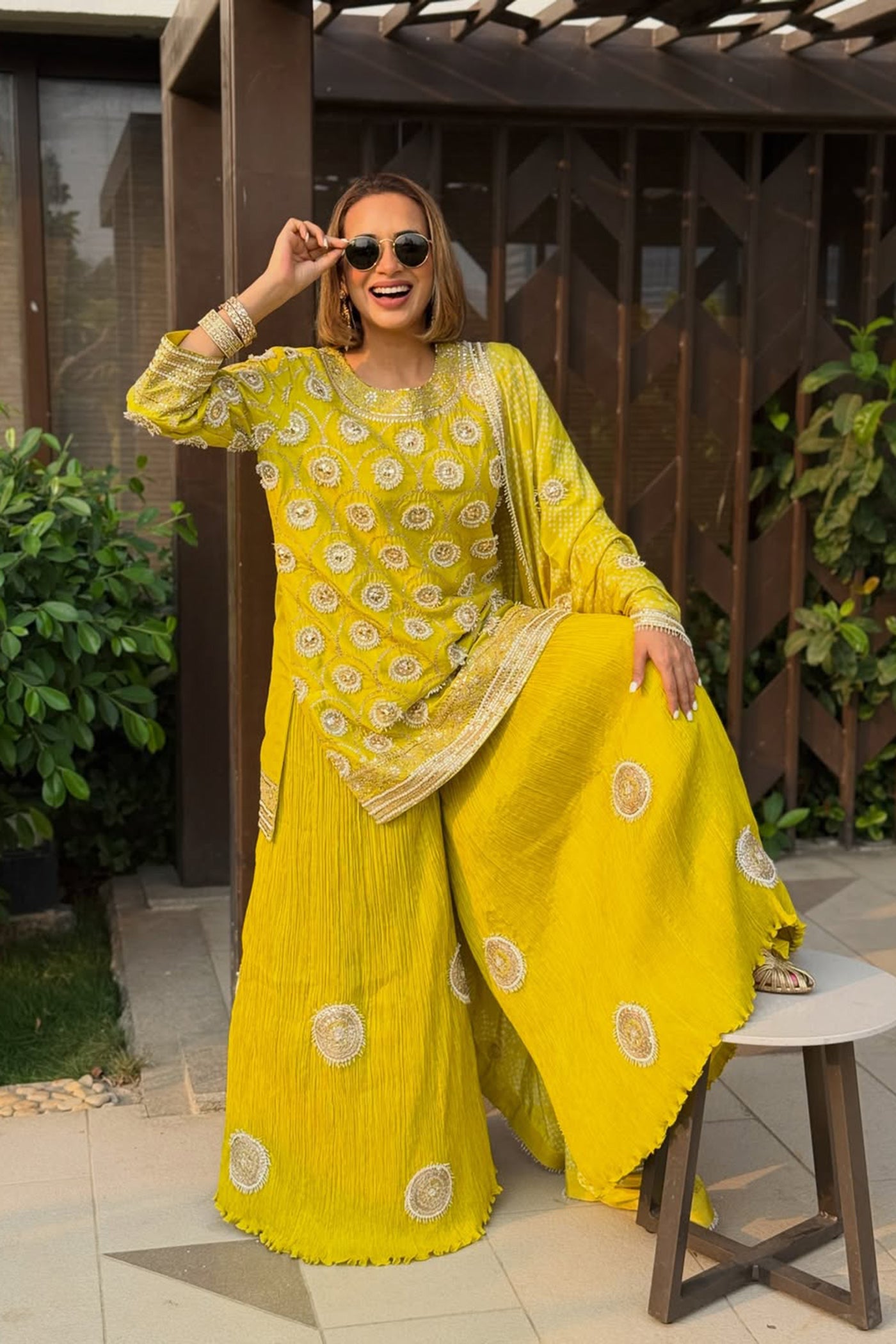 PRIYANKA YADAV In Green pearl work crush sharara set with bandhani dupatta