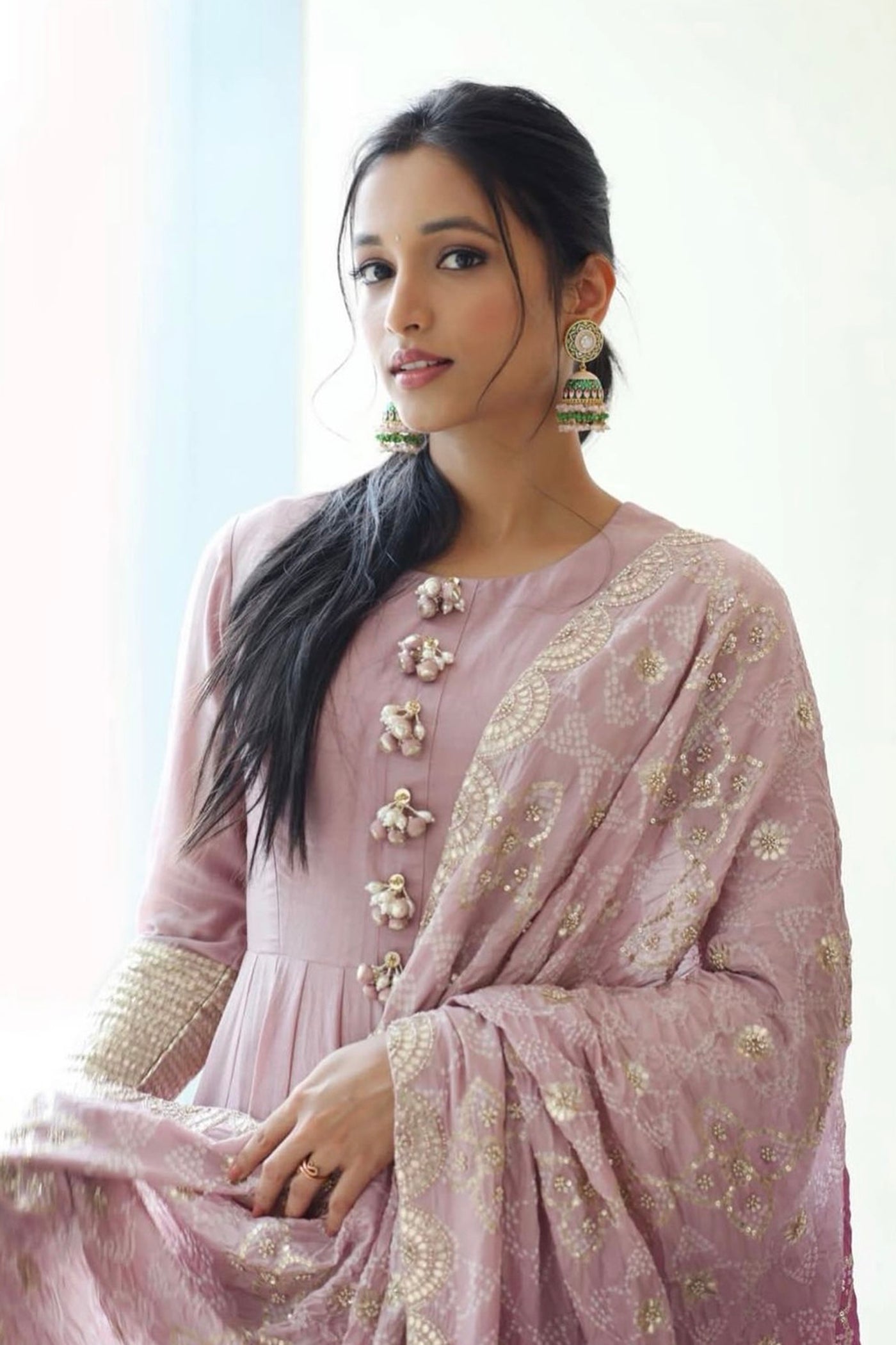 Lavender-anarkali Set with Bandhani Dupatta