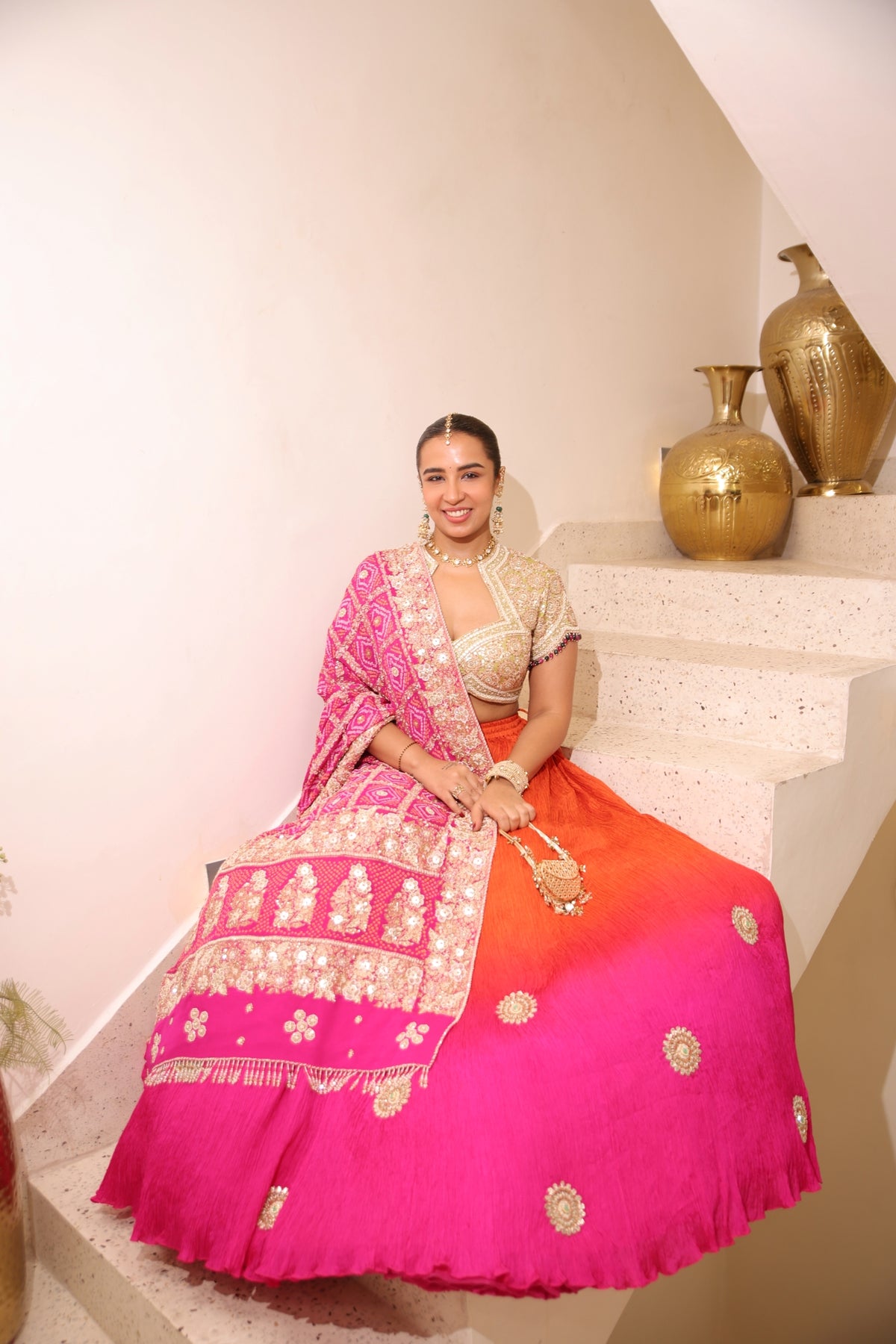 Maggi In Gulnaar Sunset Ombre Lehenga with Pink Ghatchola Bandhani Dupatta