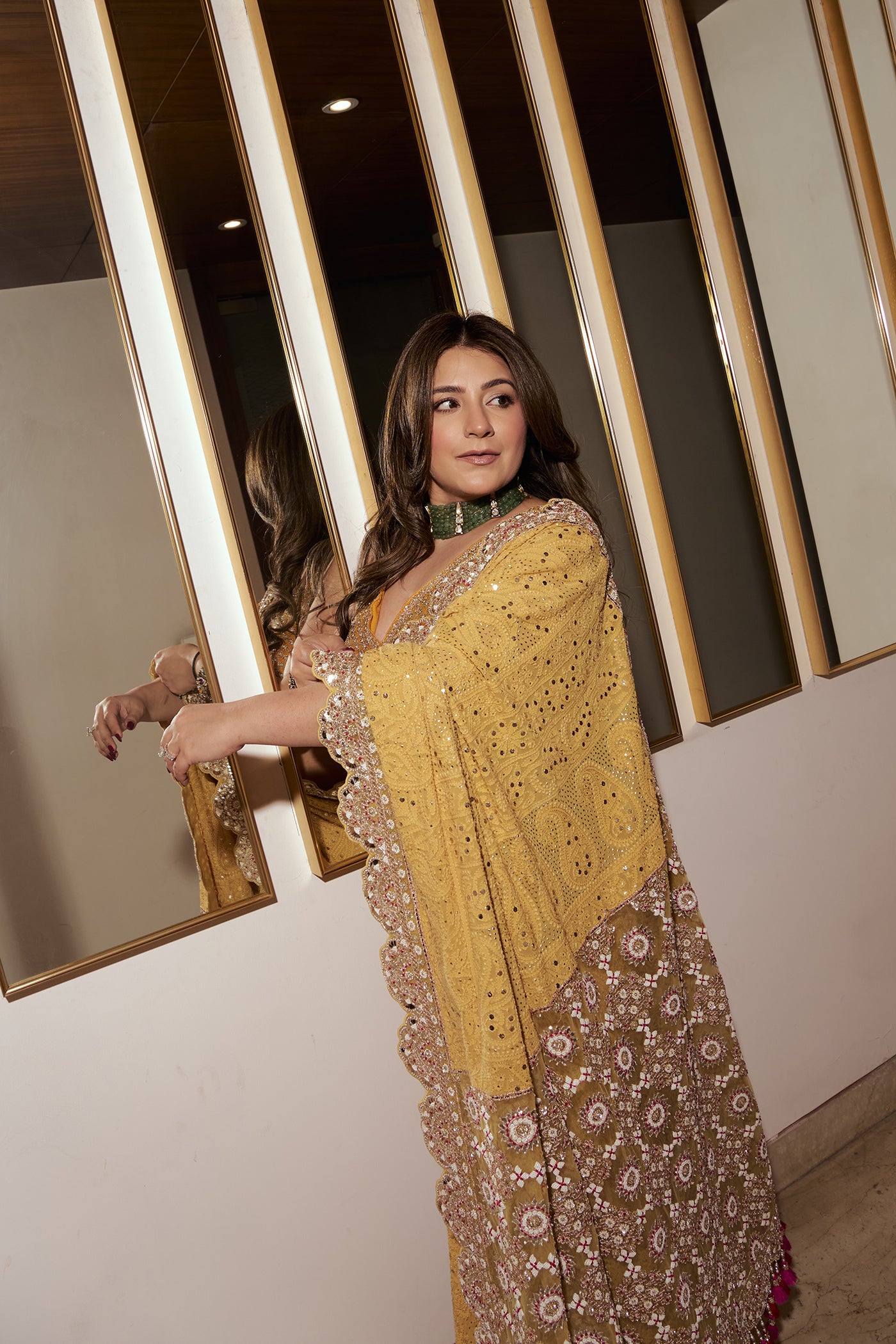 MEGHNA PAHWA IN MUSTARD CHIKANKARI SAREE SET