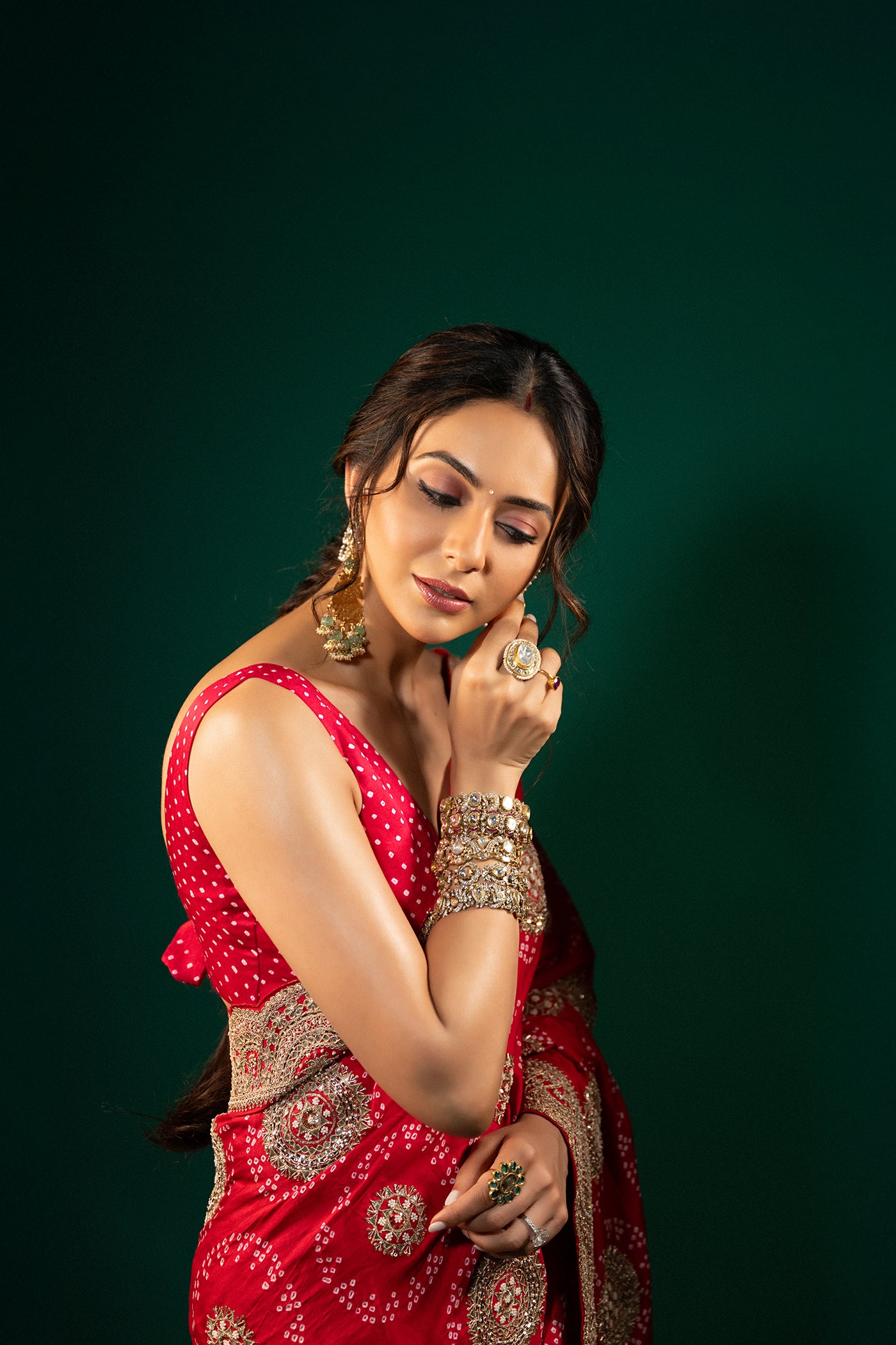 RED GAJJI SILK BANDHANI SAREE SET