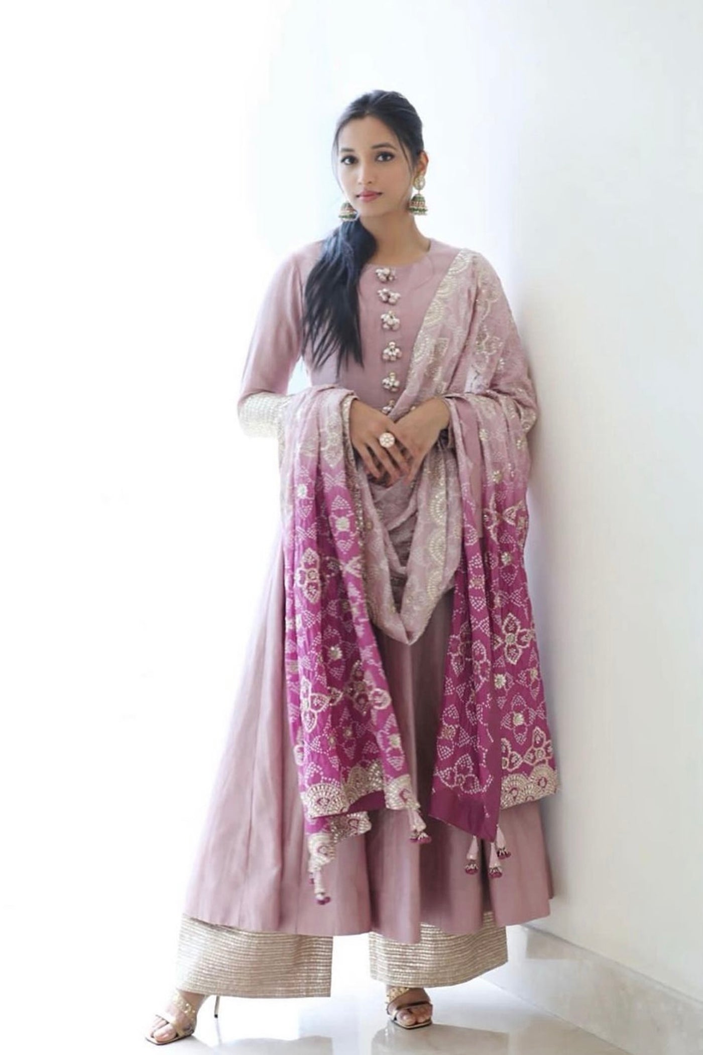 Lavender-anarkali Set with Bandhani Dupatta