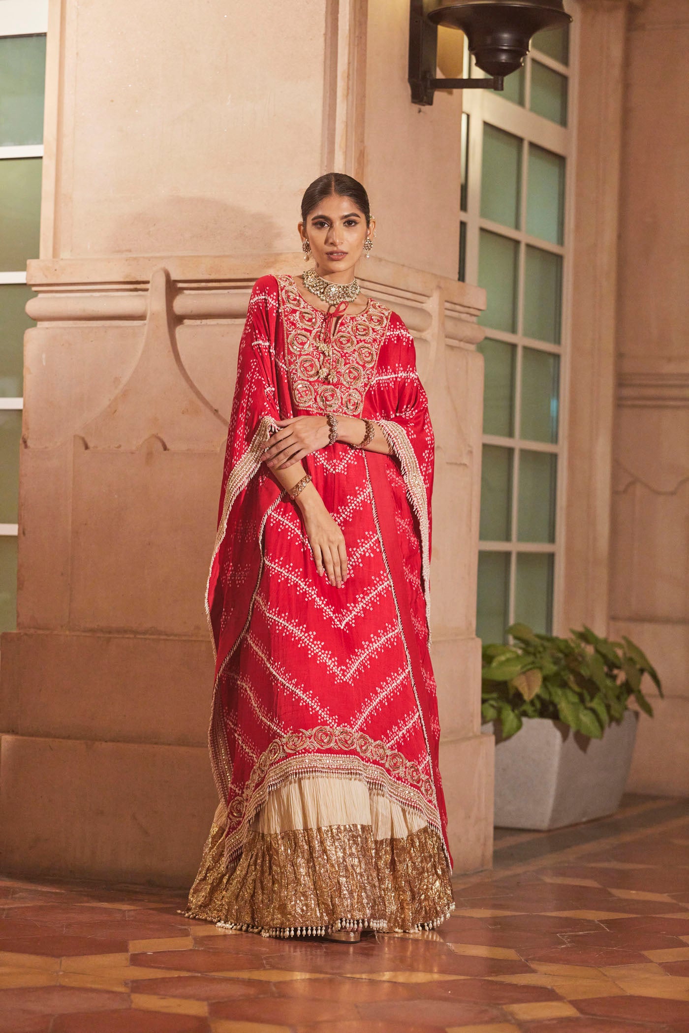 Red Bandhani Kaftan Set with Embroidery