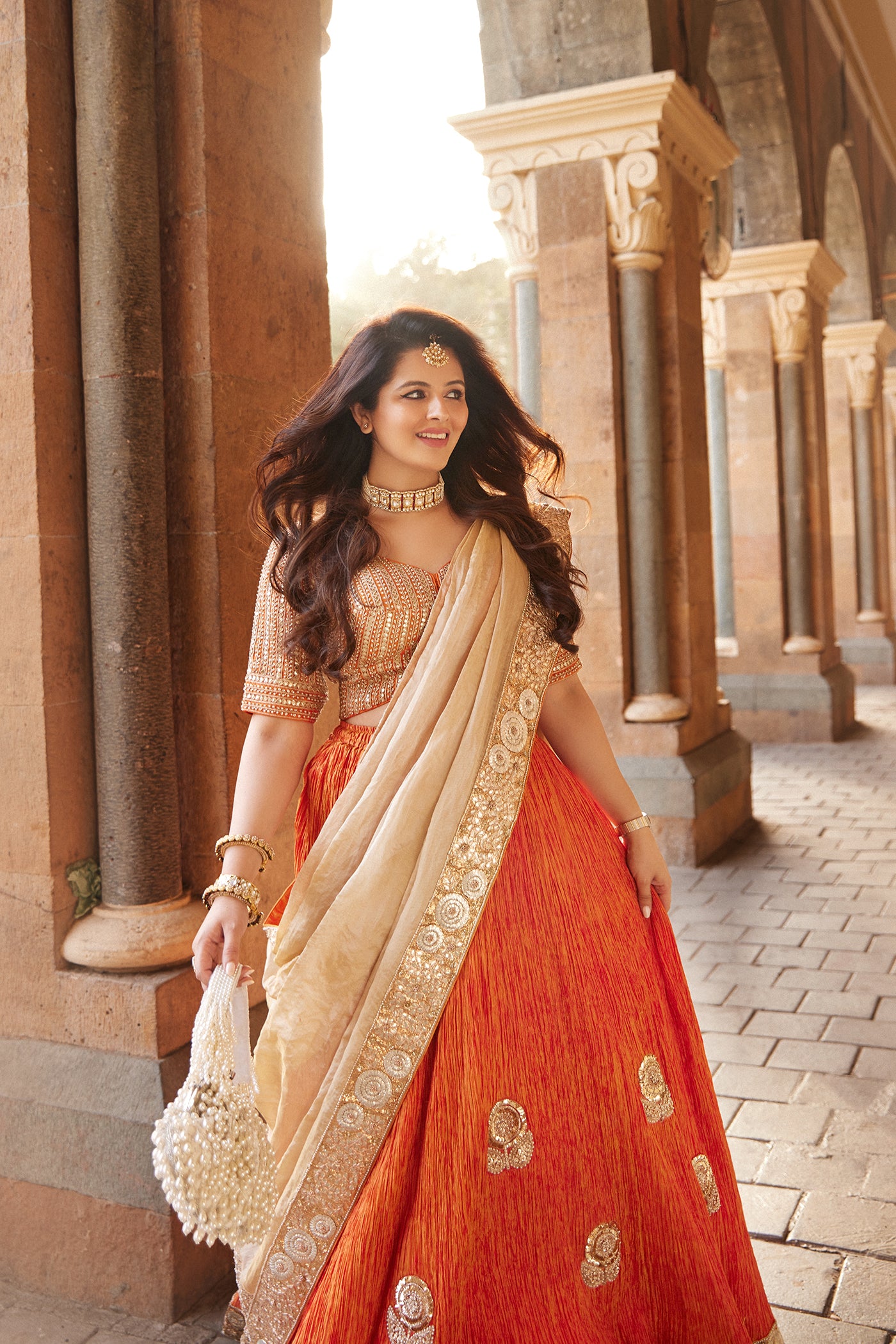 Tangerine Orange Crushed Silk Lehenga Set