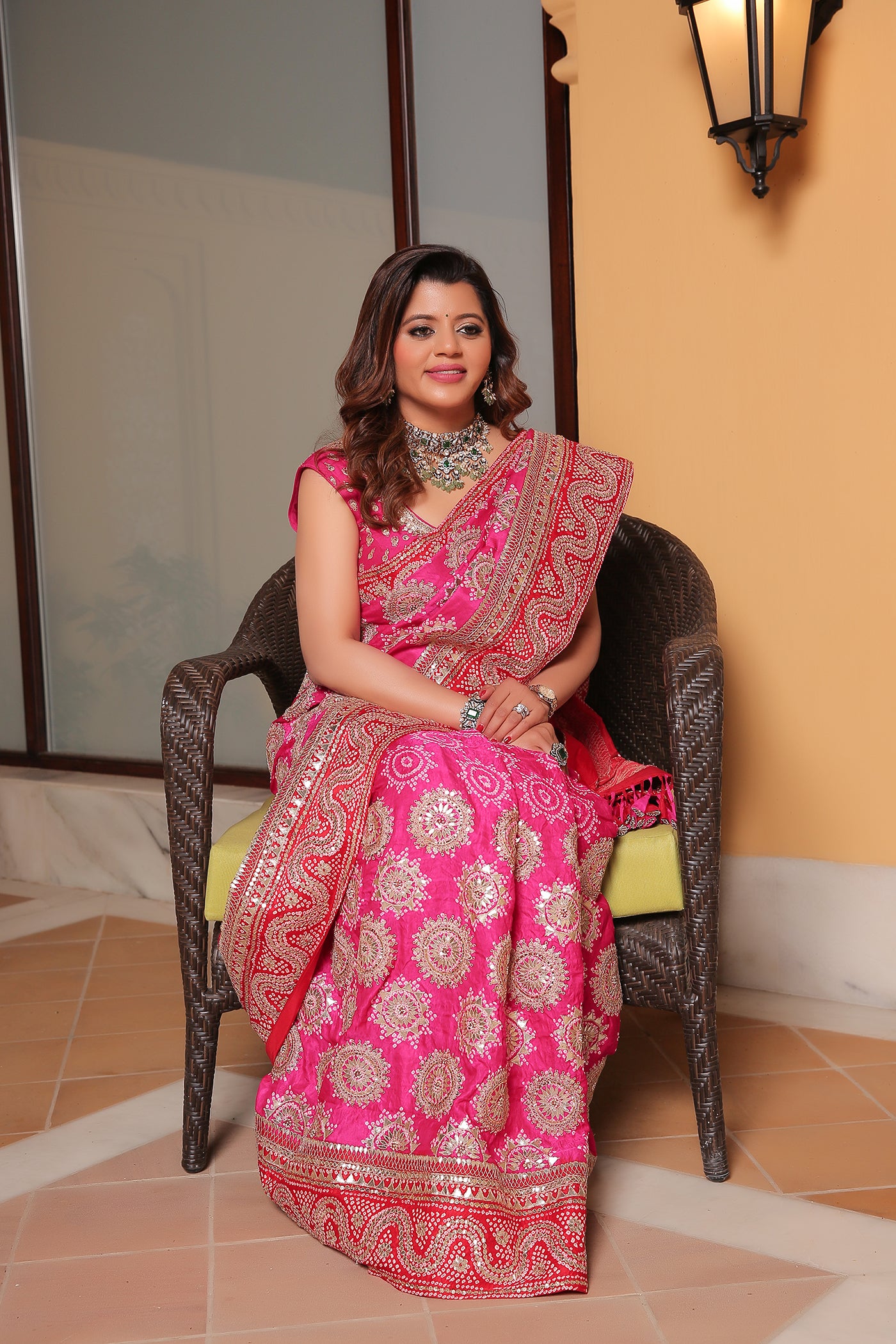 Red & Rani Pink Silk Embroidered Bandhani Saree Set