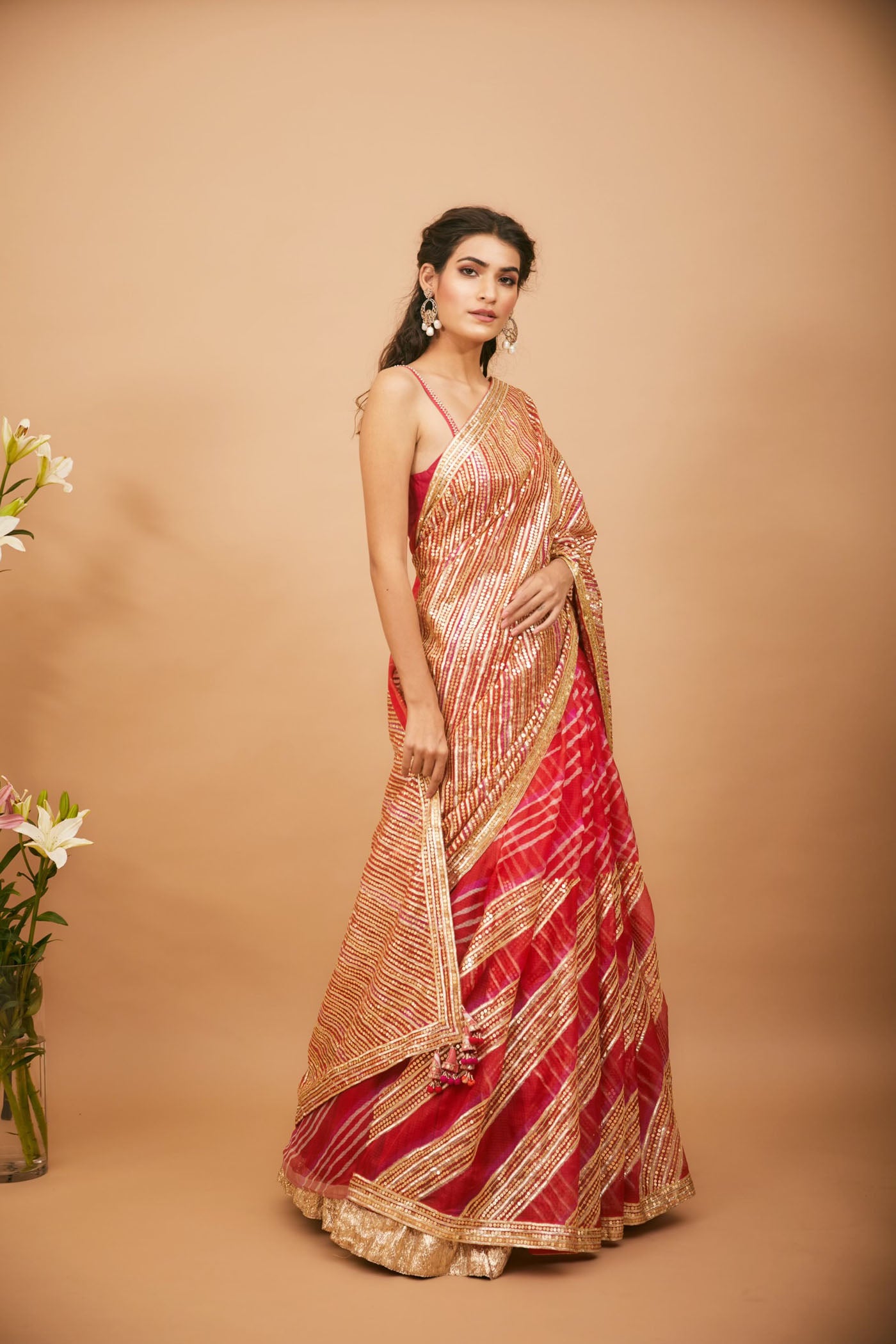 Red leheriya saree set