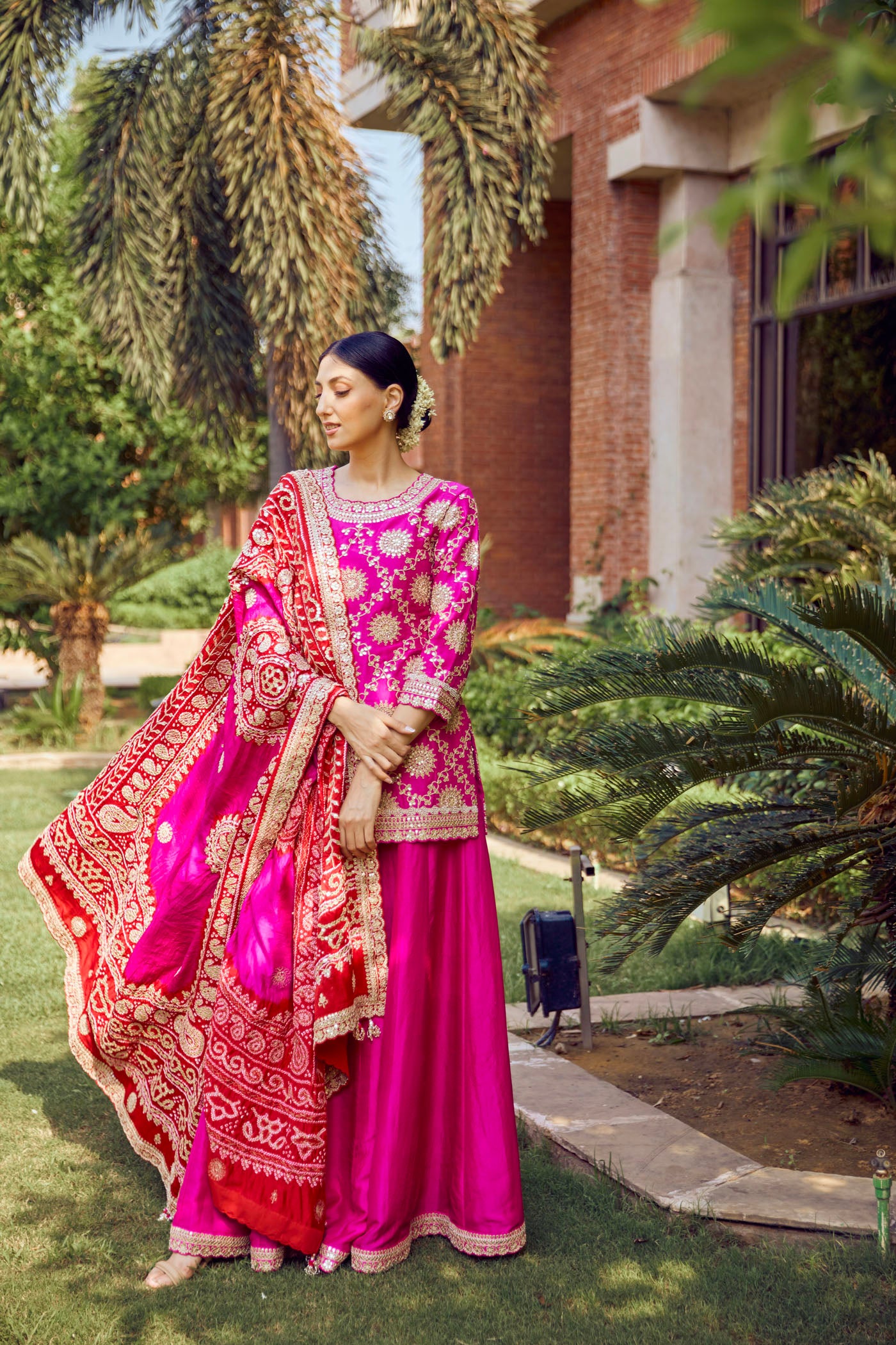 Hot Pink Embroidered Kurta Sharara Set