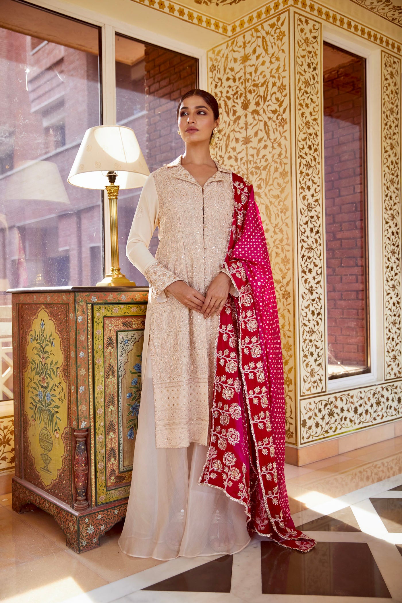 Ivory Chikankari Kurta Set With Red Bandhani Dupatta