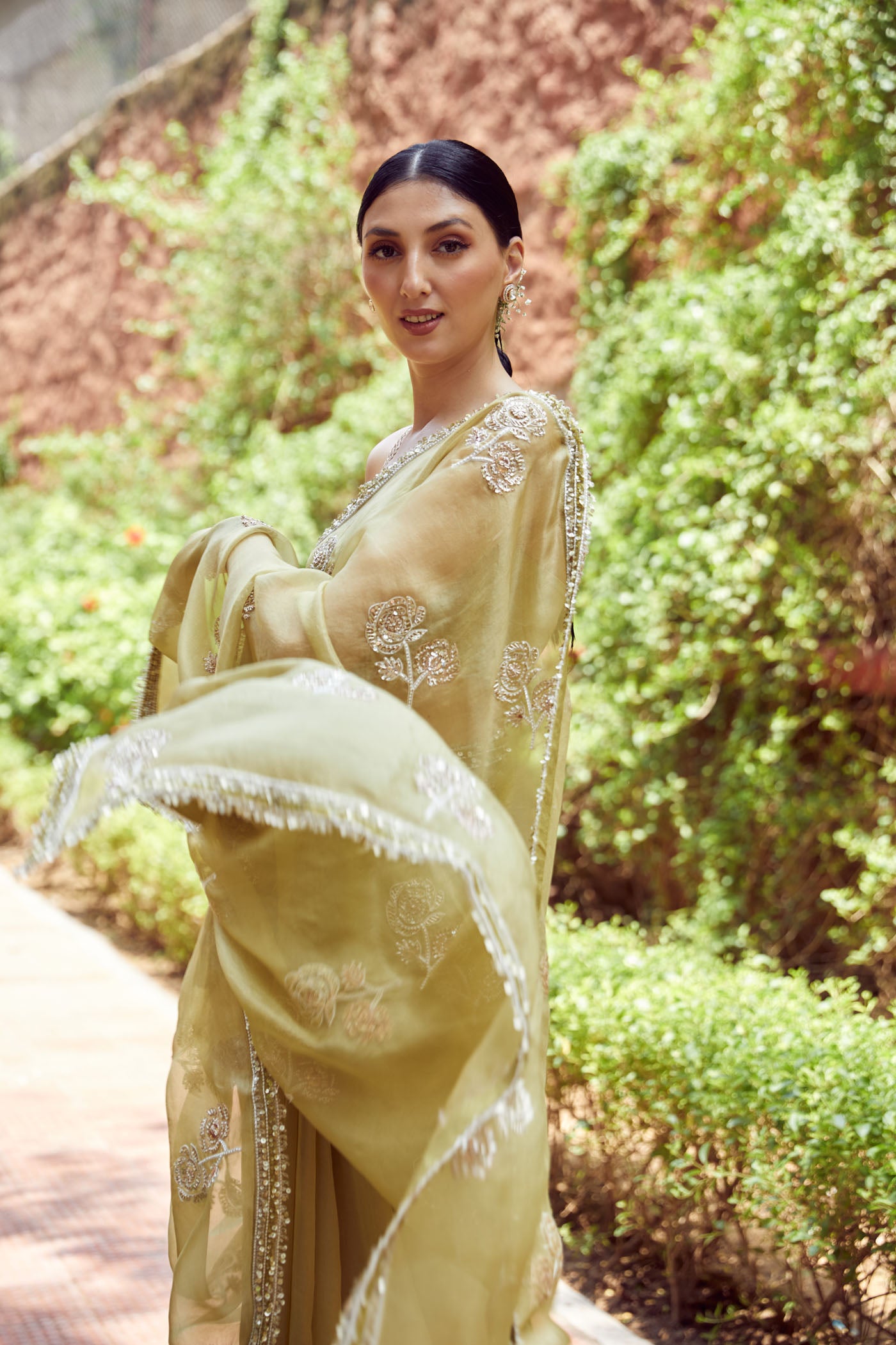 pista green organza saree
