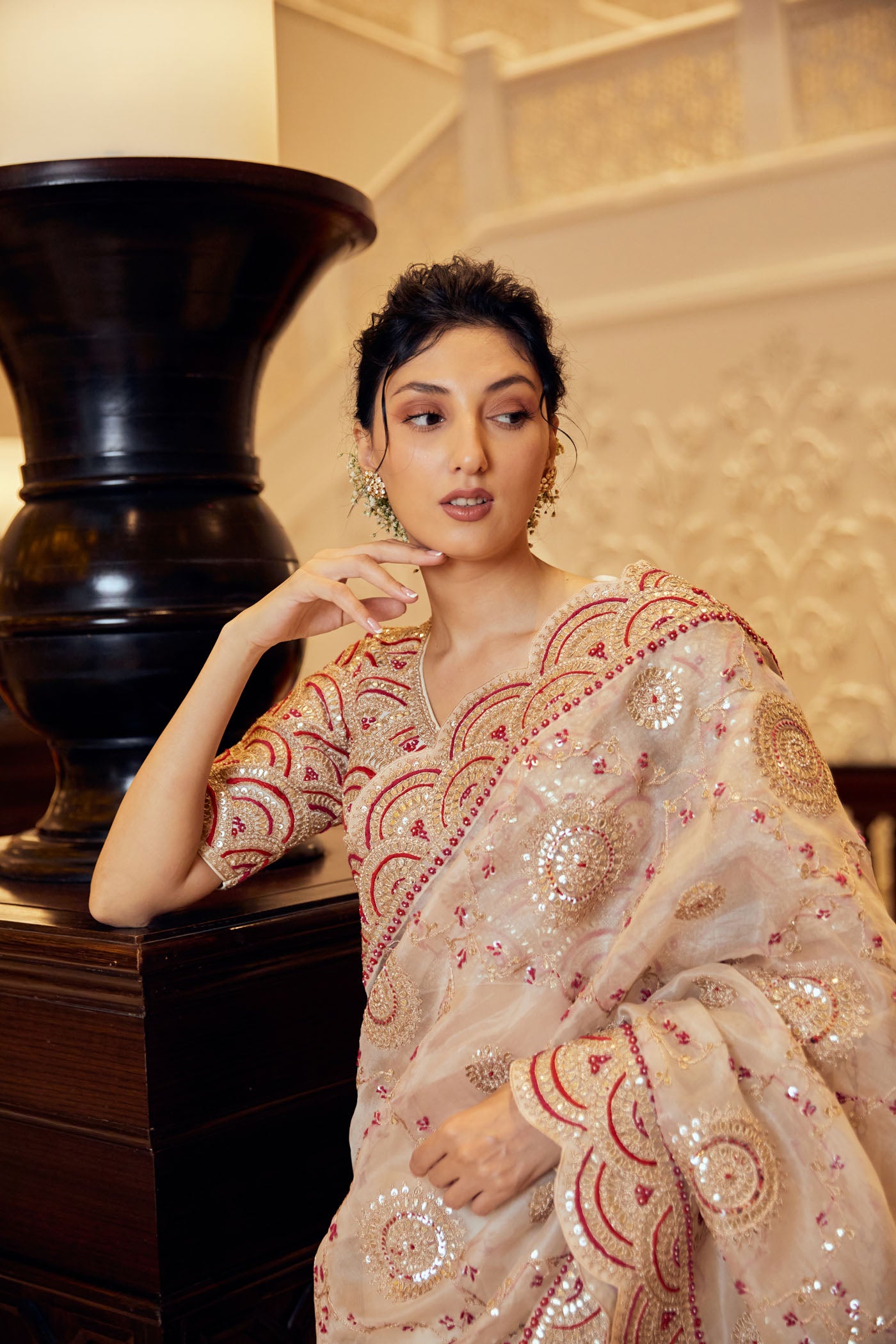 Ivory organza saree set