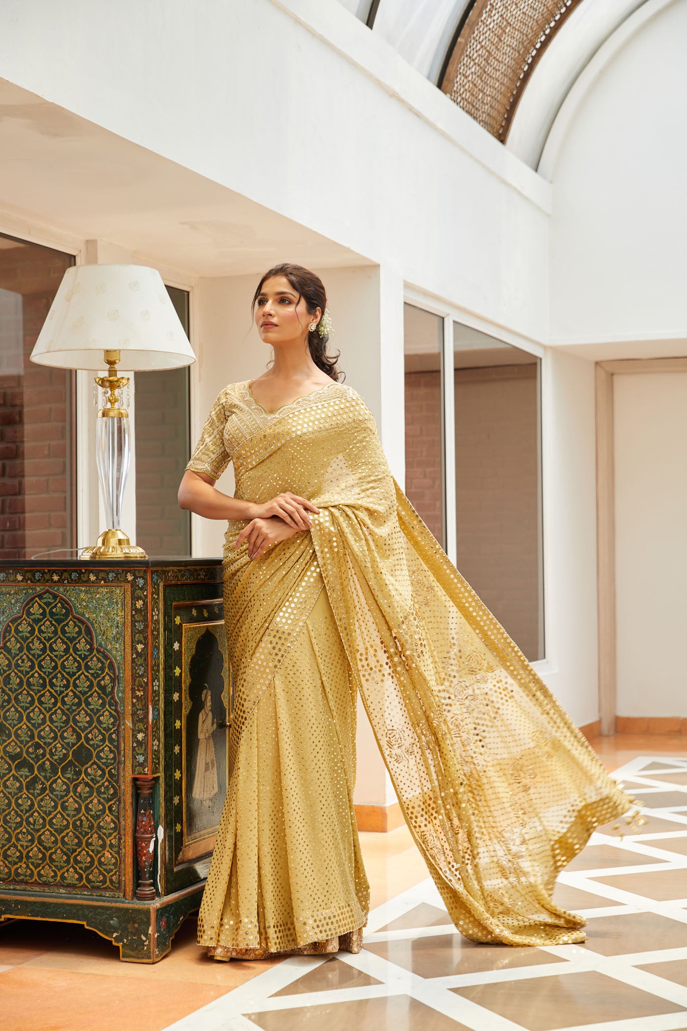 Pista green Georgette mukaish saree