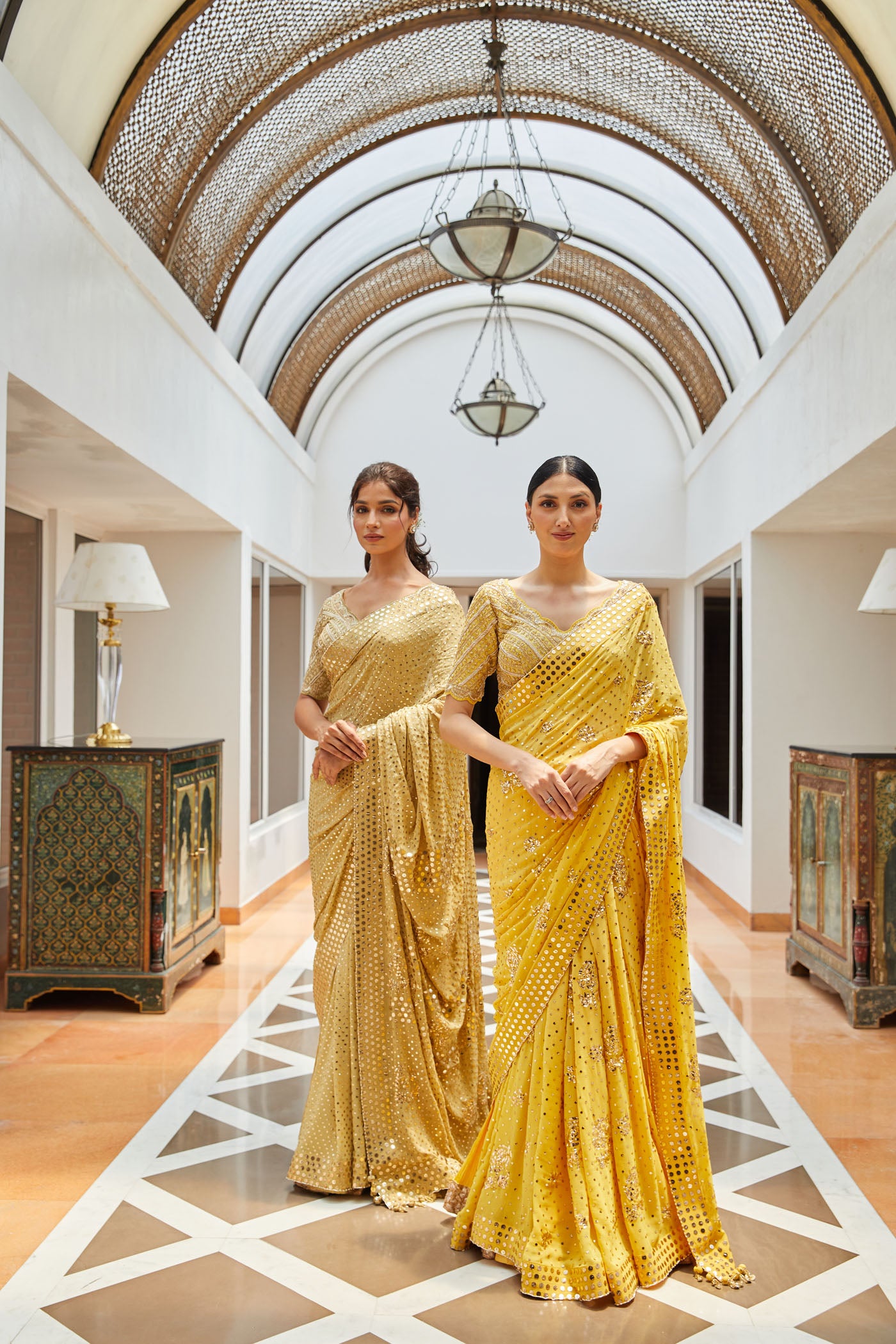 yellow Georgette mukaish saree
