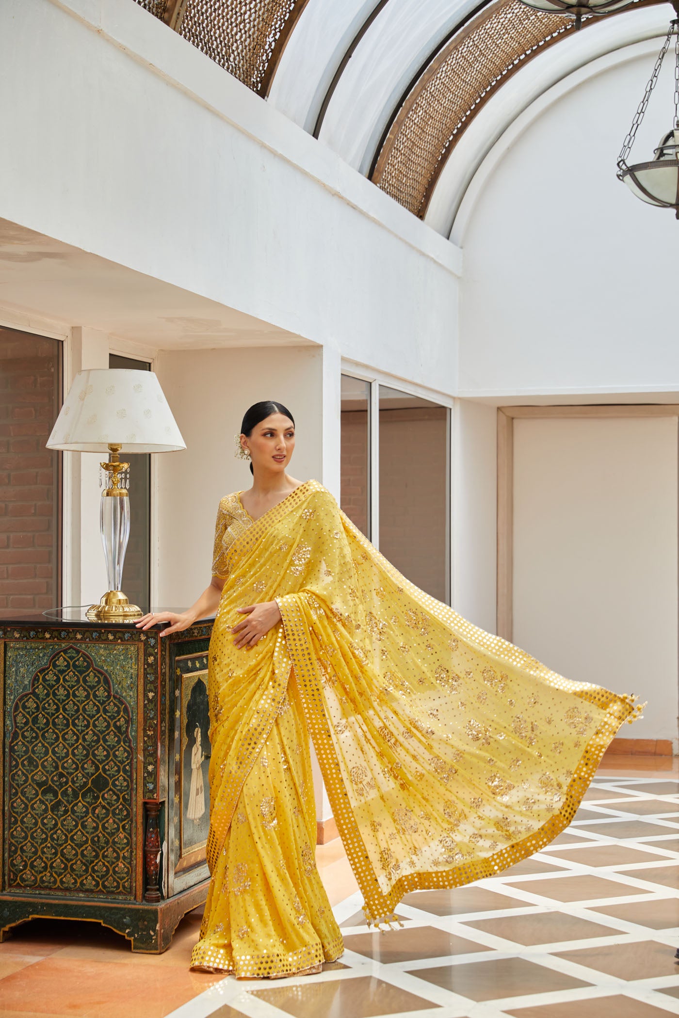 yellow Georgette mukaish saree