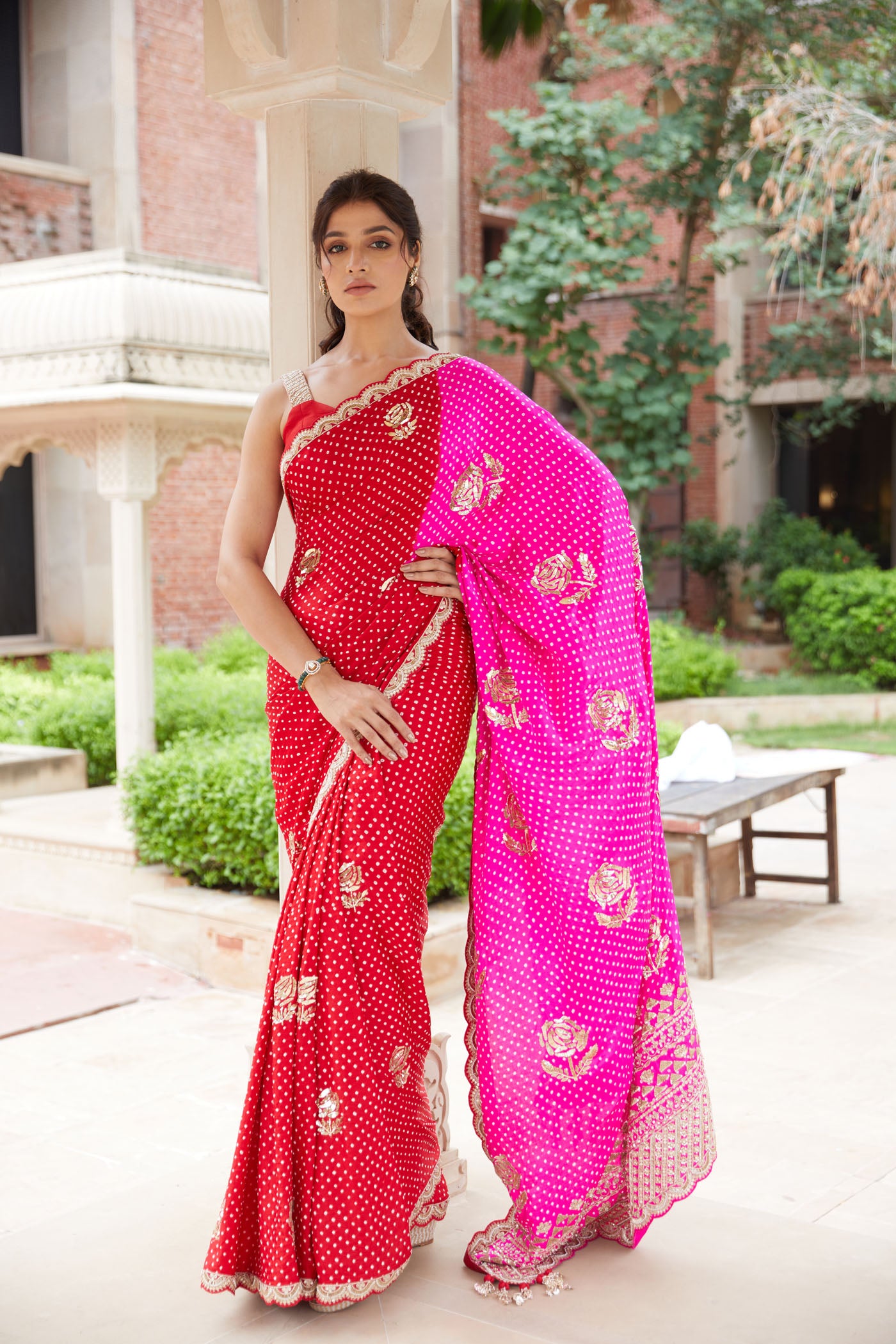 RED PINK BANDHANI SAREE SET
