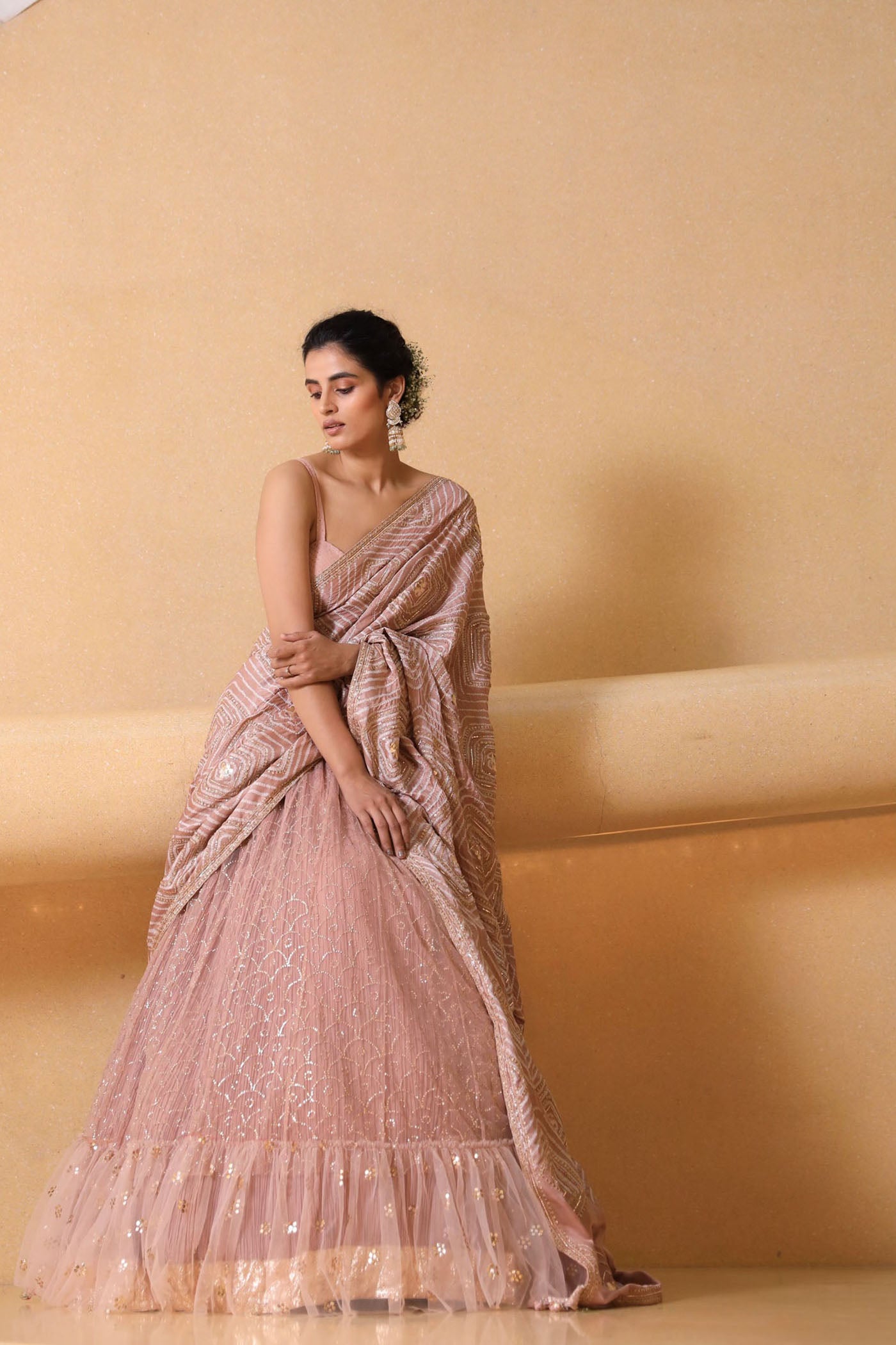 Nude pink lehenga saree
