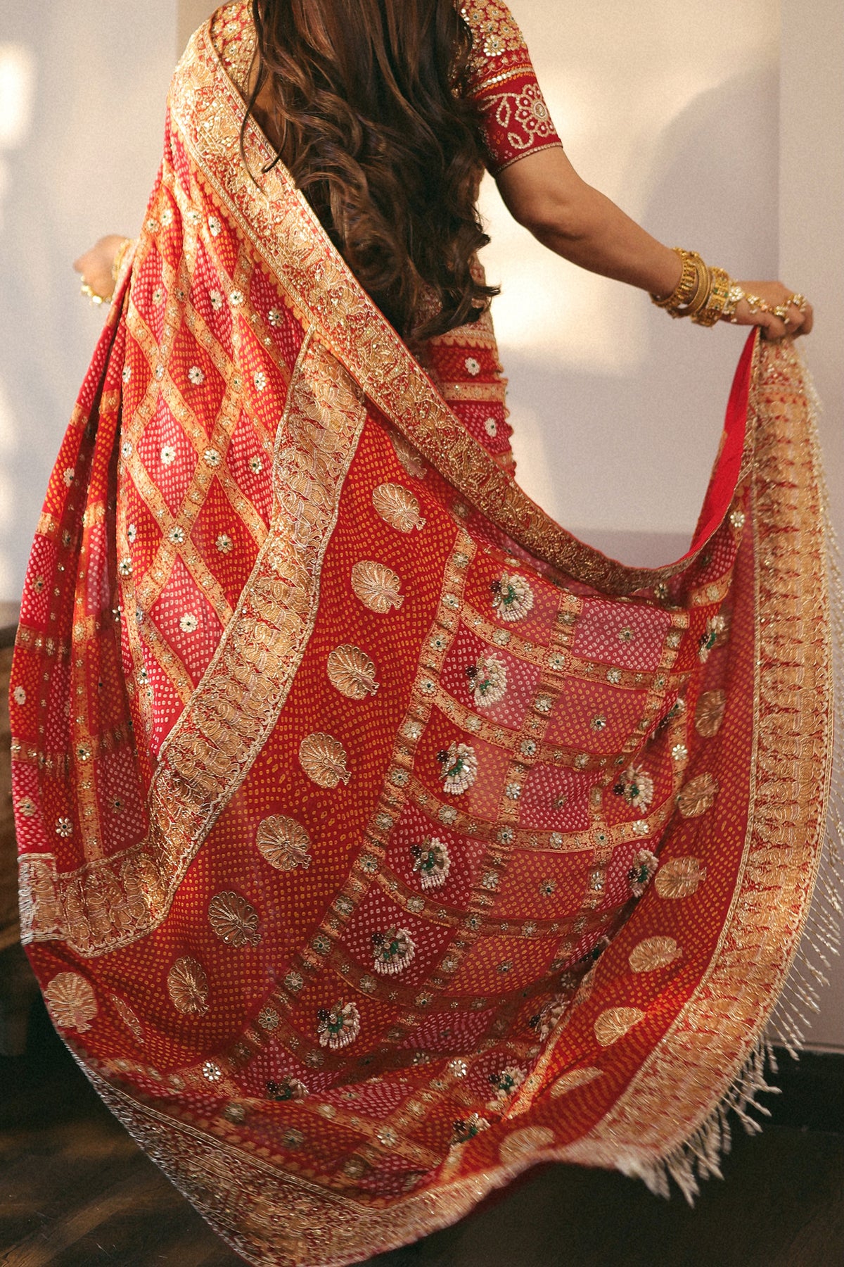 Radhika Bhardwaj In Royal Red Ghatchola Bandhani Saree Set