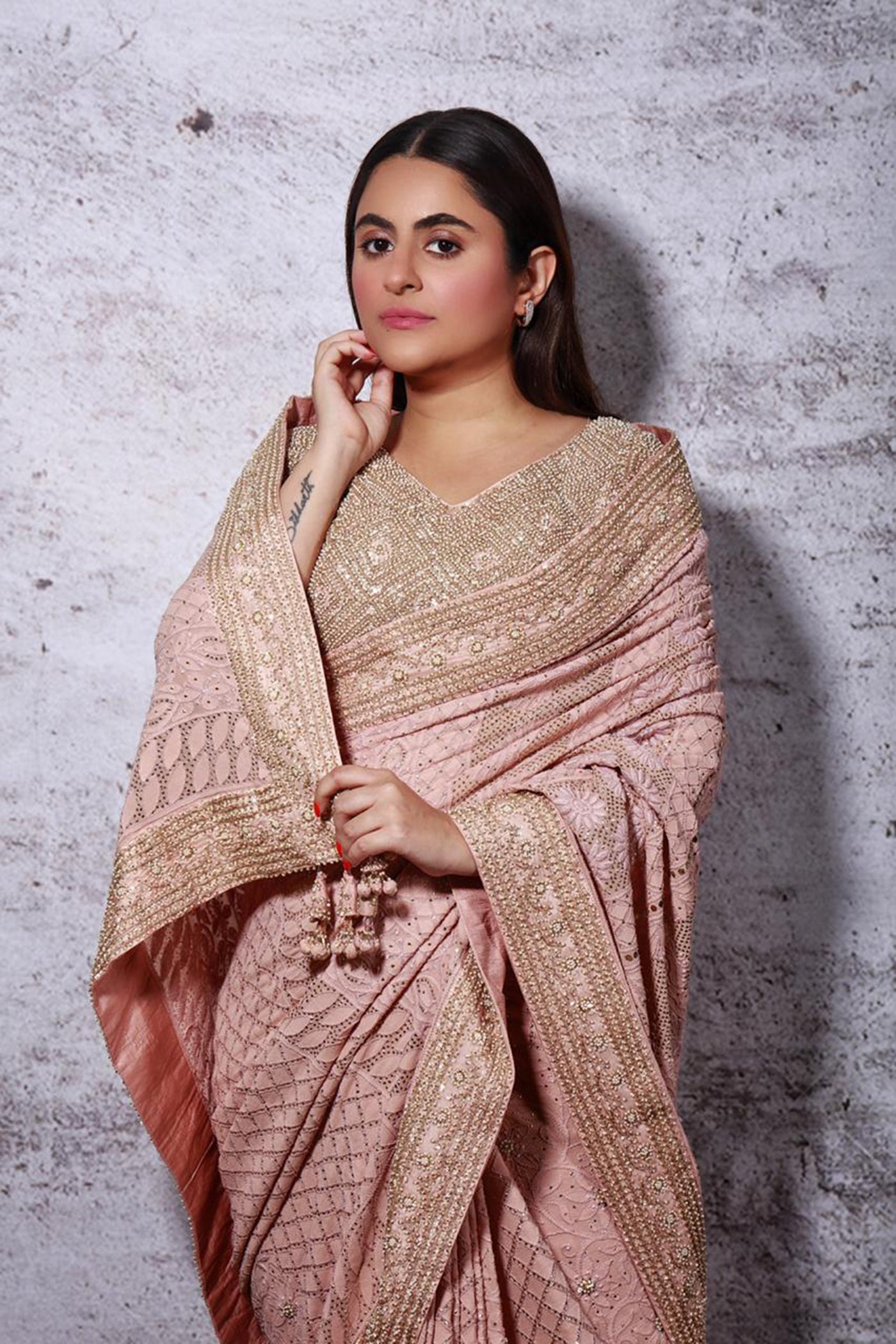 Onion Pink Chikankari Saree Set