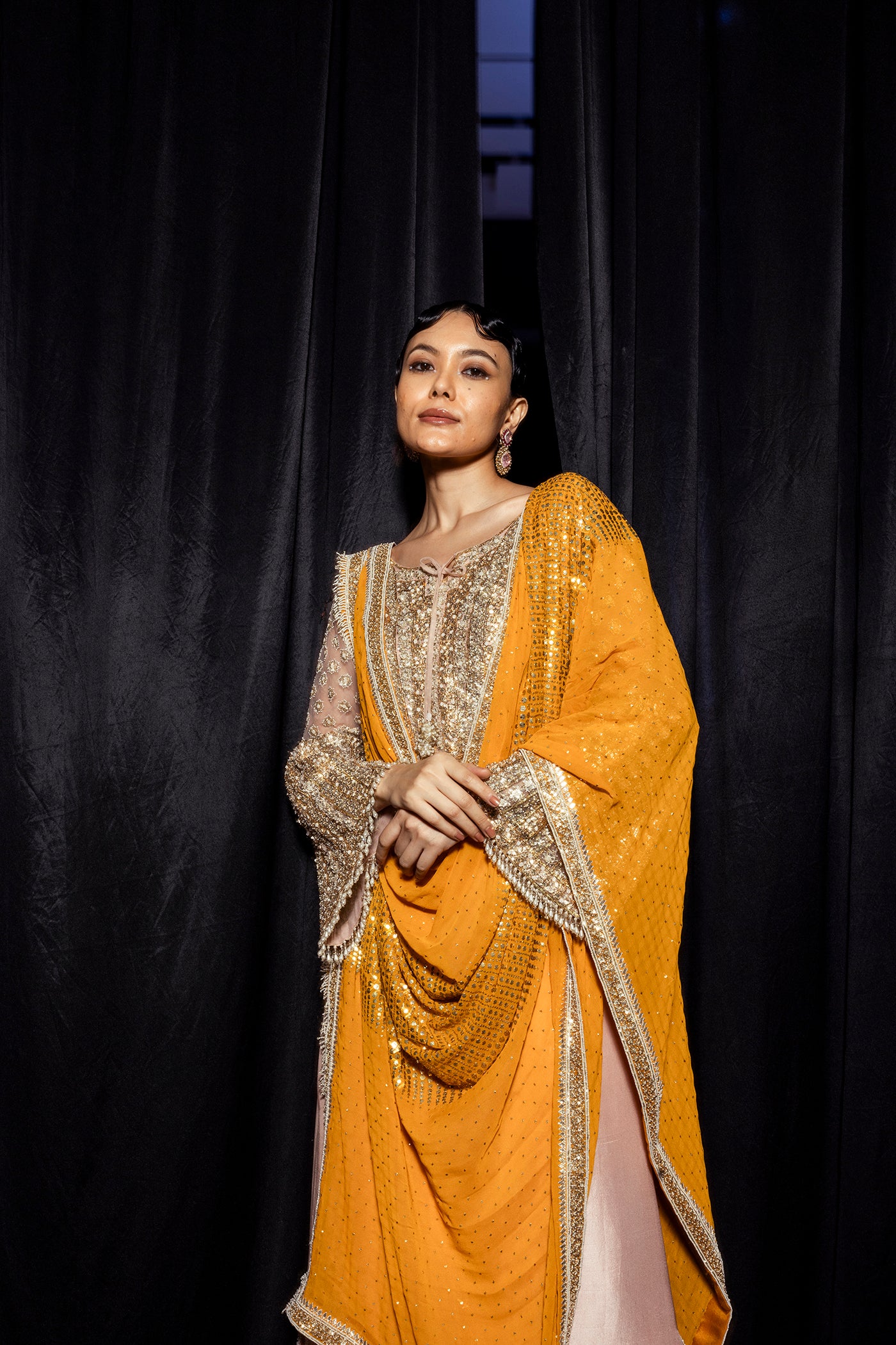 Baby pink Embellished Kurta Set with Draped Dupatta