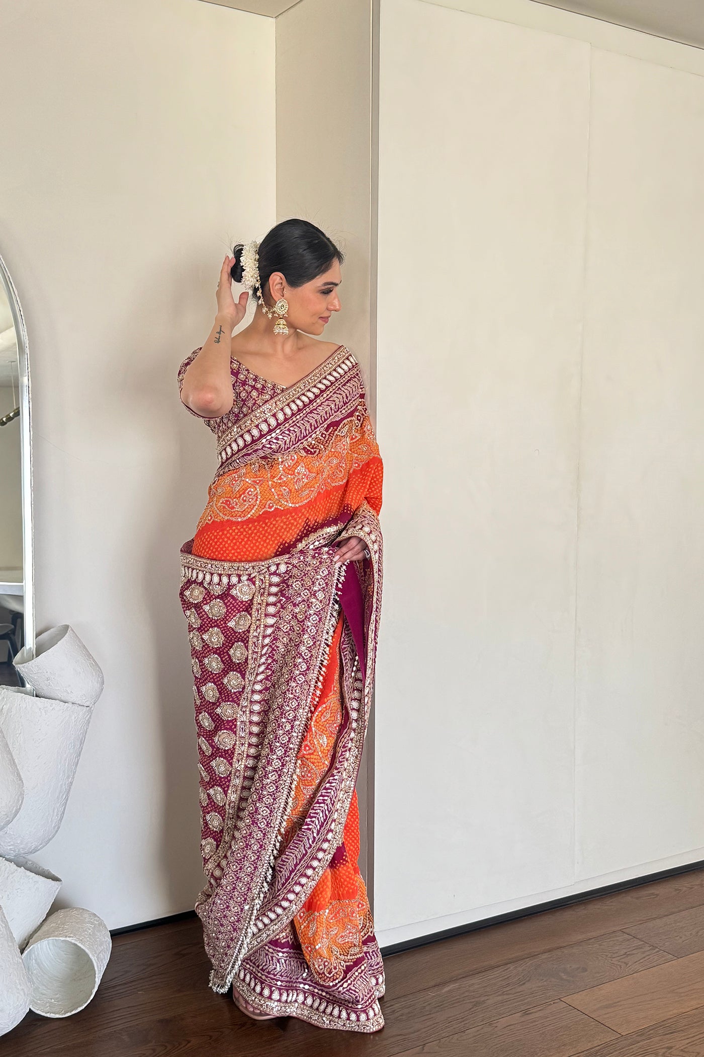 Orange And Purple Georgette Bandhani Saree Set