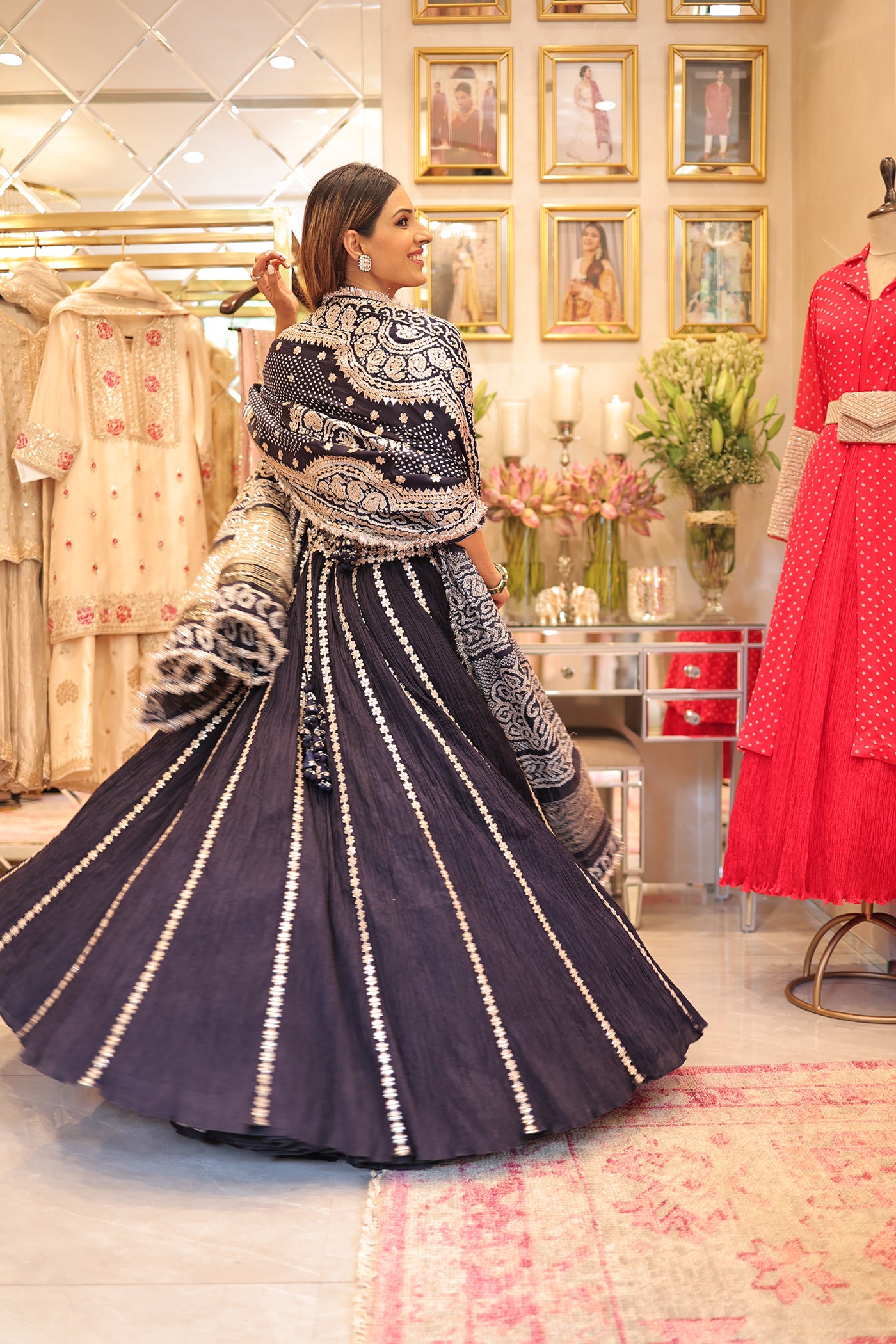 Navy Blue Crushed Lehenga Set