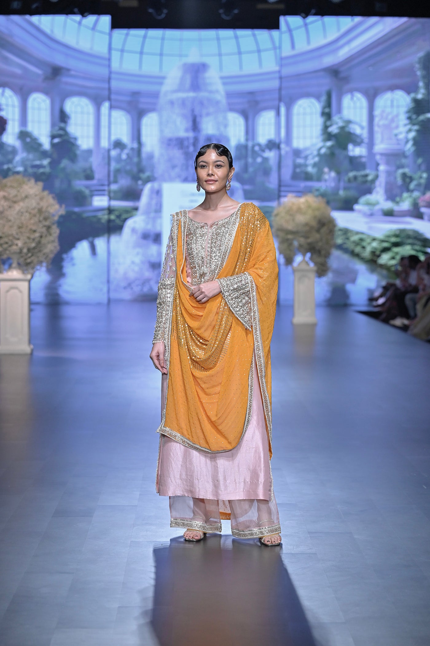 Baby pink Embellished Kurta Set with Draped Dupatta