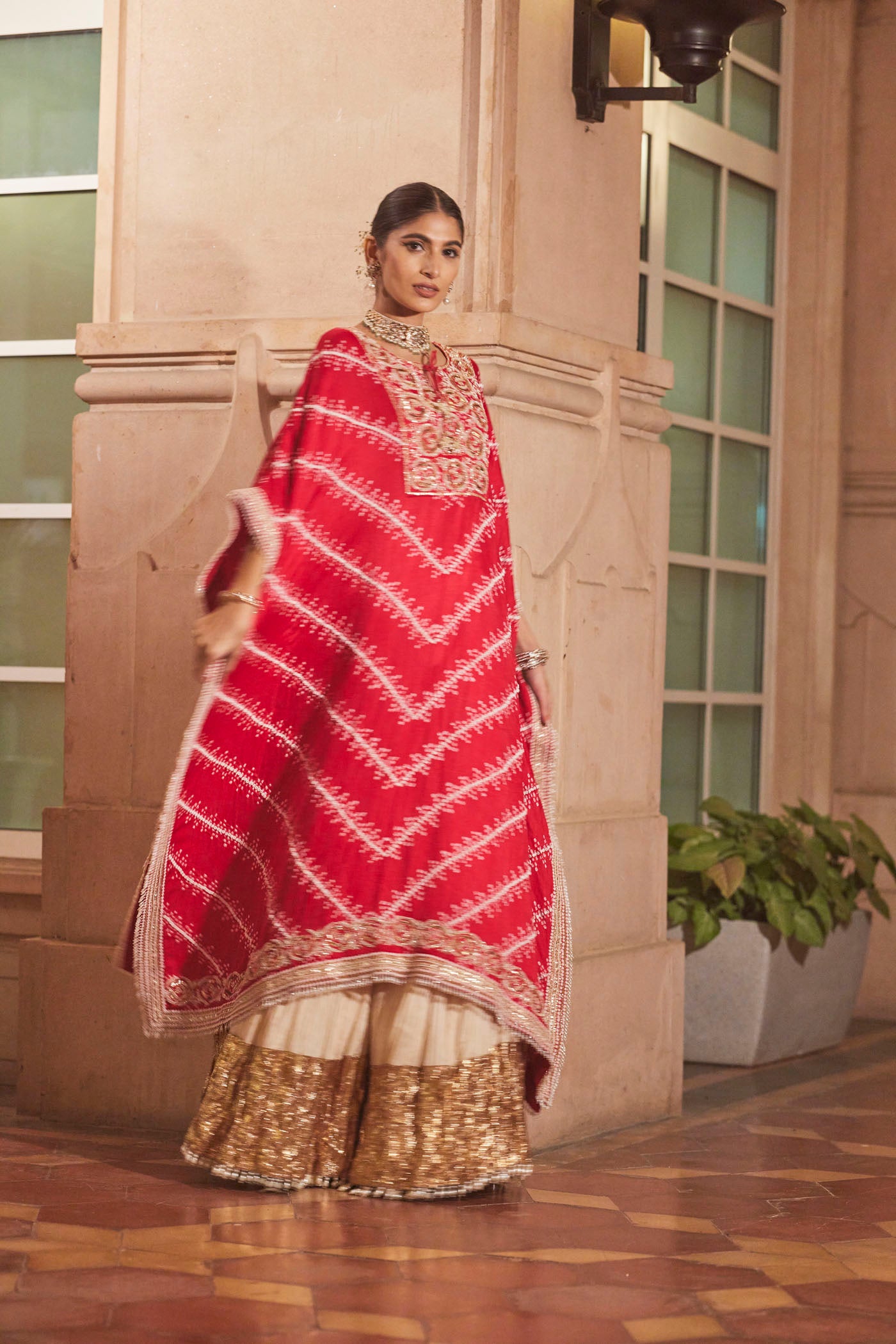 Red Bandhani Kaftan Set with Embroidery