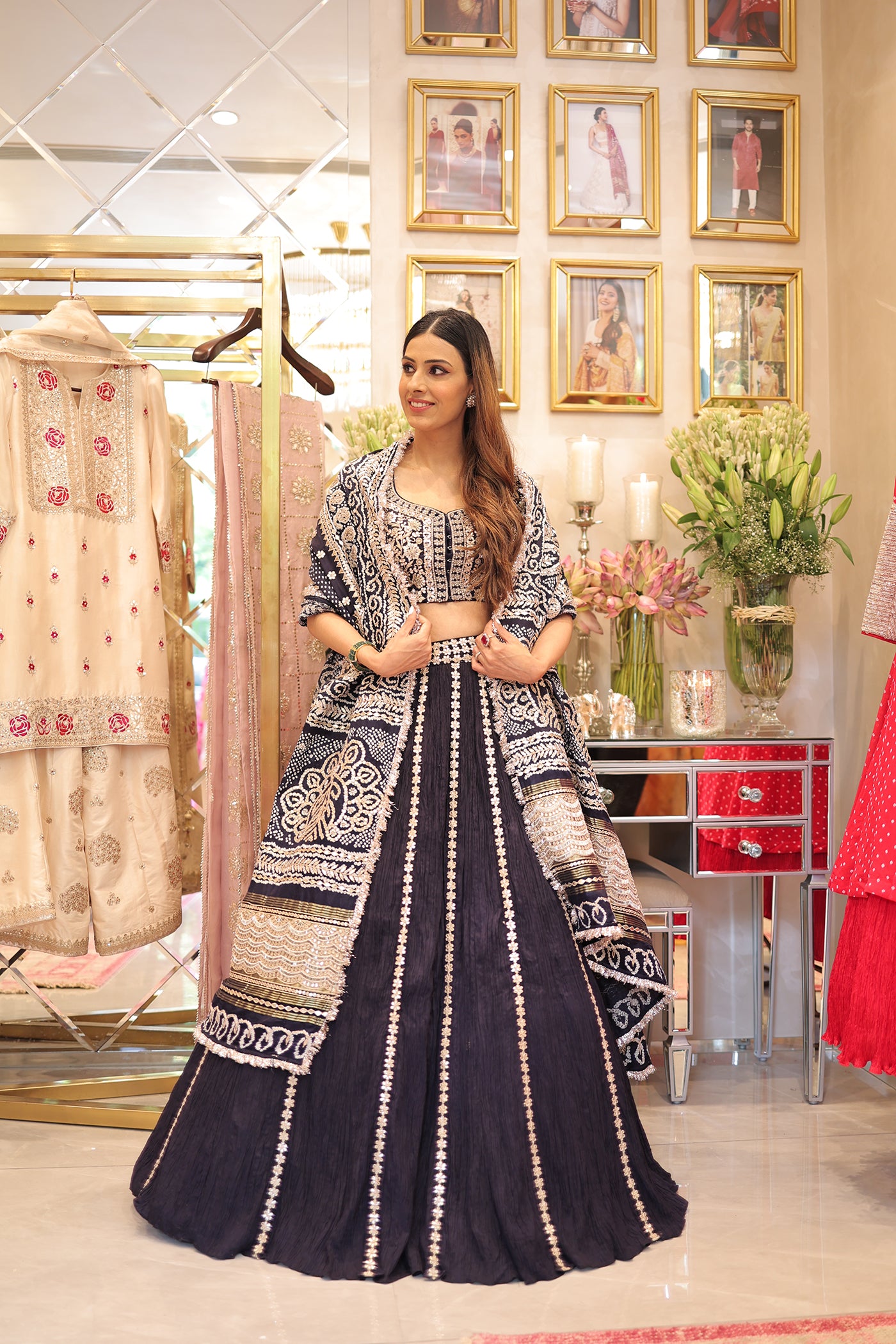 Navy Blue Crushed Lehenga Set