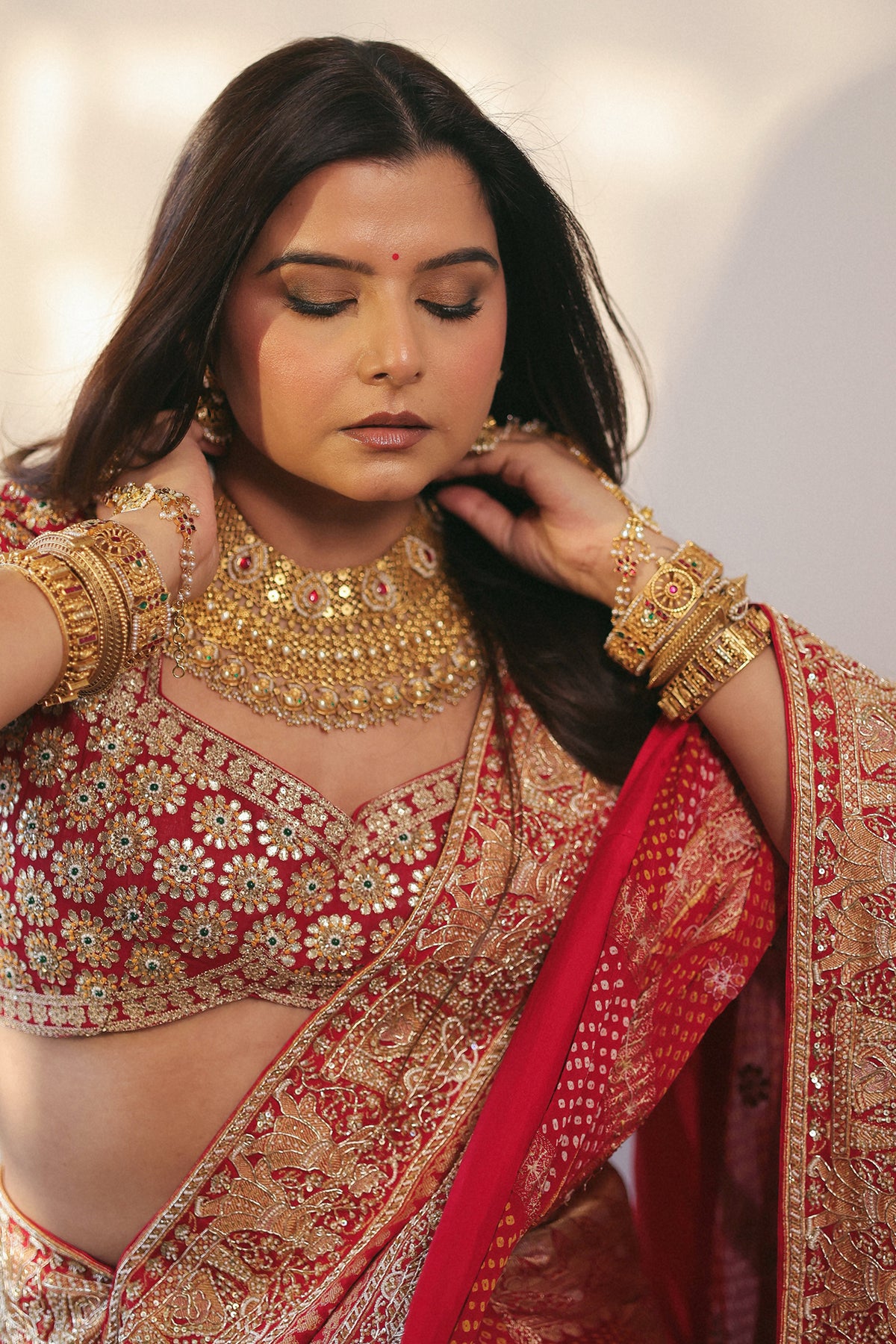 Radhika Bhardwaj In Royal Red Ghatchola Bandhani Saree Set