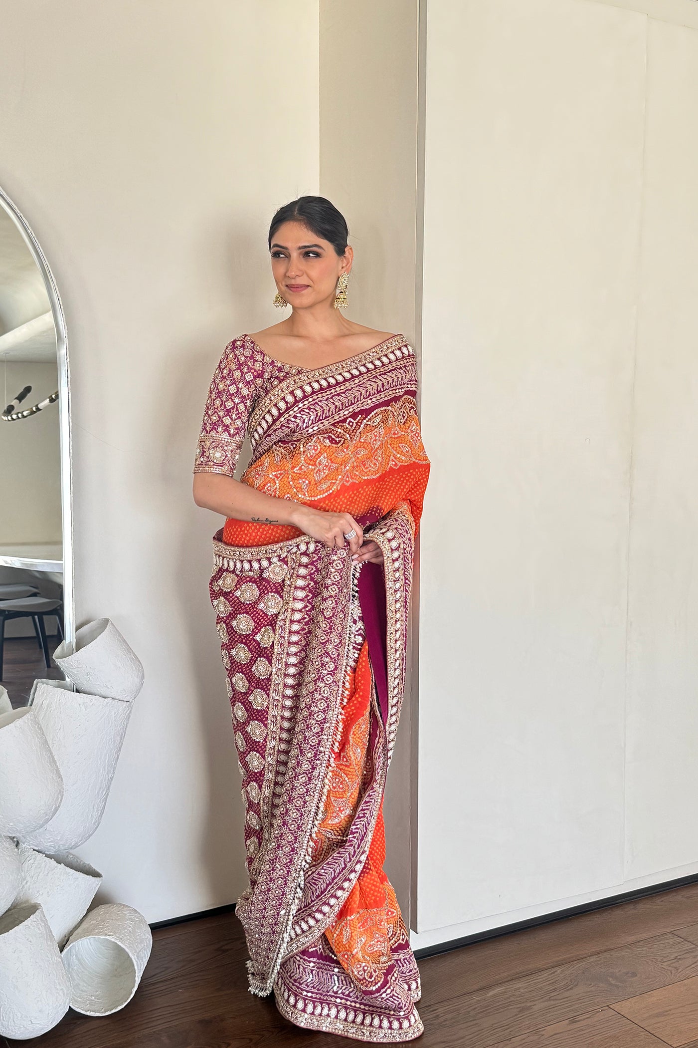 Orange And Purple Georgette Bandhani Saree Set