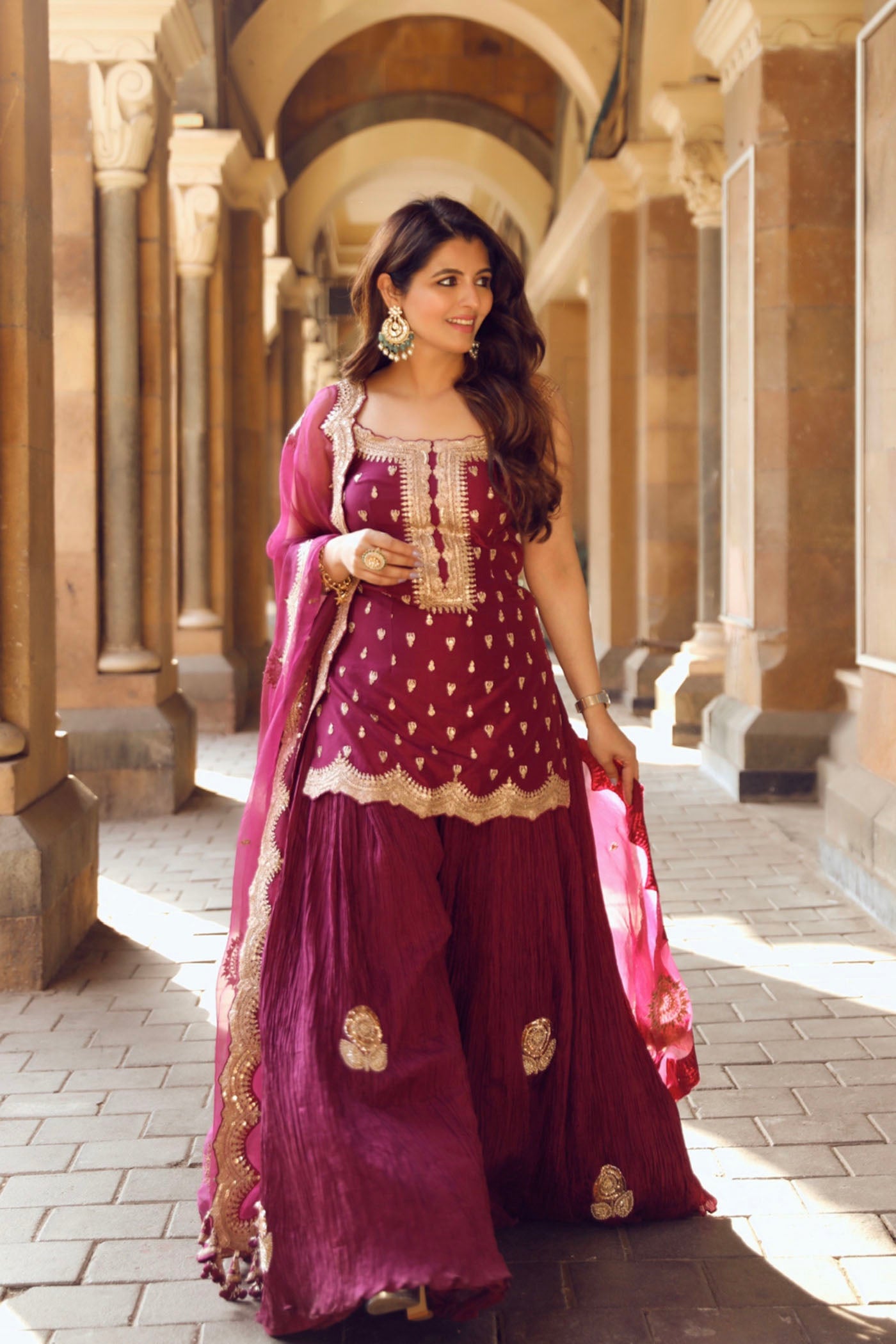 Purple Crushed Sharara Set