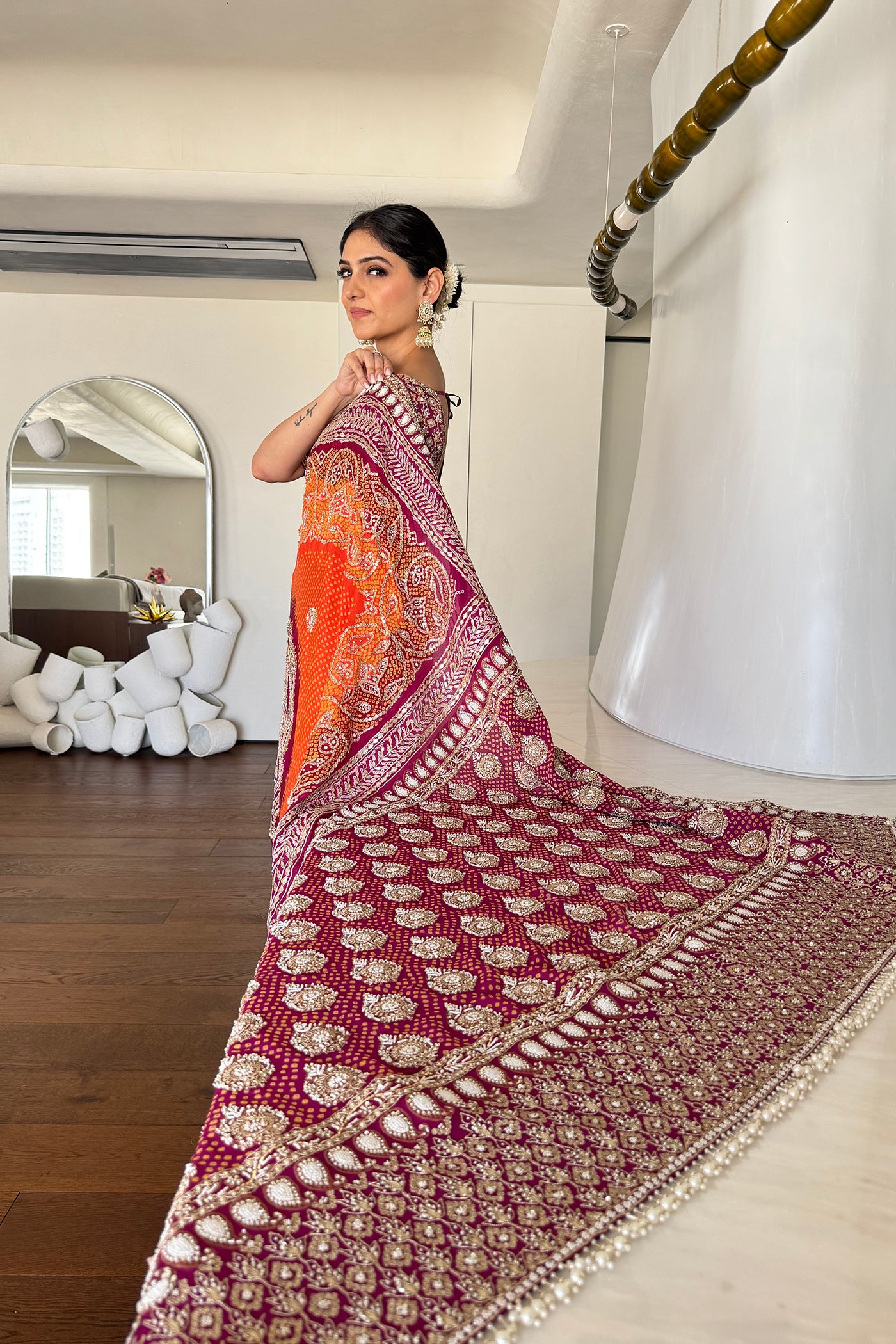 Orange And Purple Georgette Bandhani Saree Set