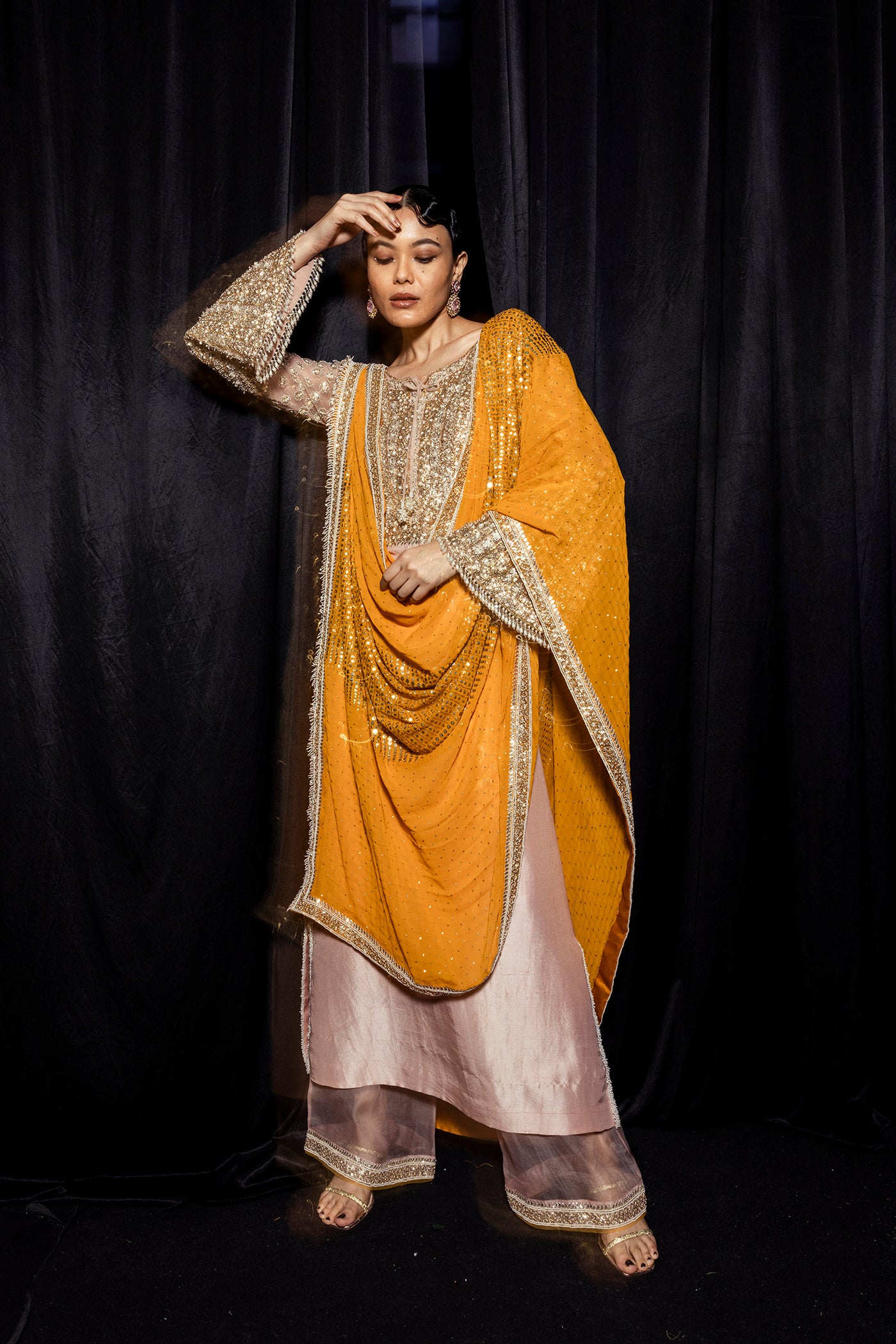 Baby pink Embellished Kurta Set with Draped Dupatta