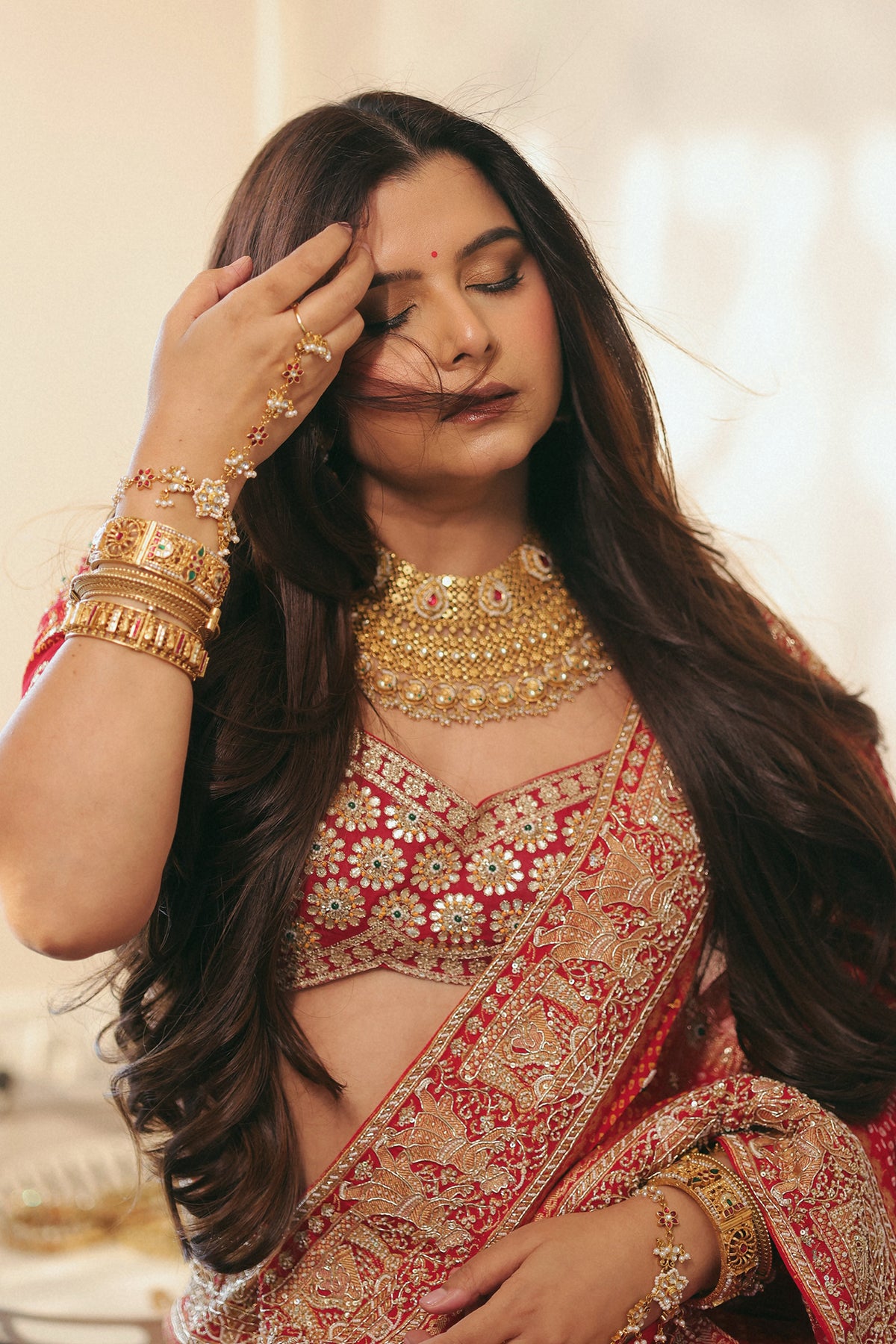 Radhika Bhardwaj In Royal Red Ghatchola Bandhani Saree Set