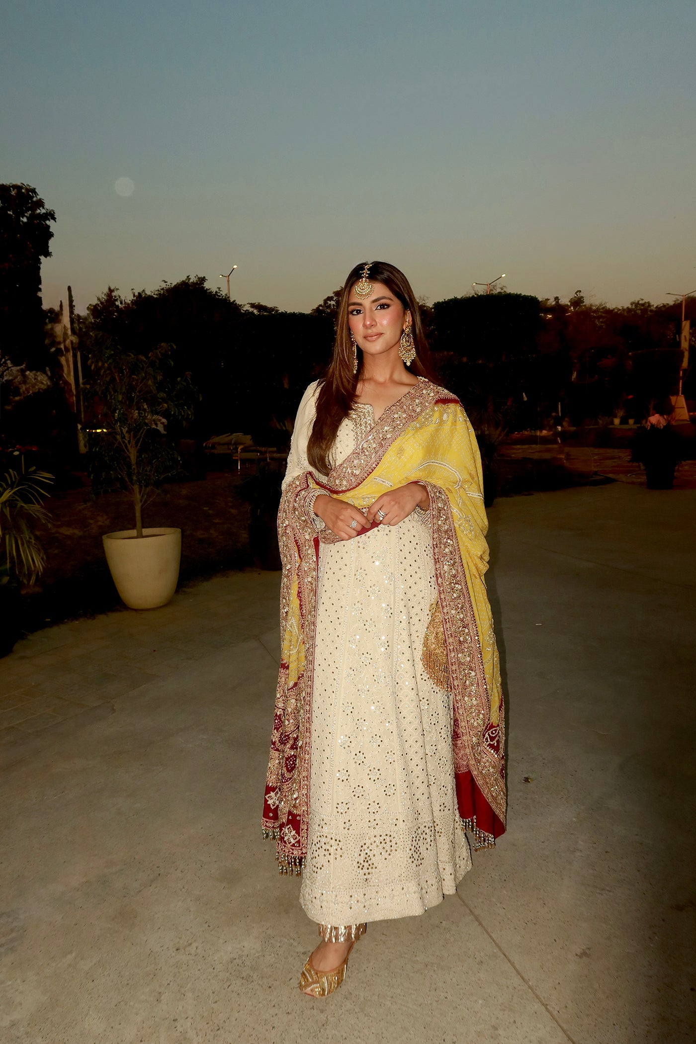 MEHER TALUJA In Ivory chikankari anarkali with yellow purple bandhani dupatta
