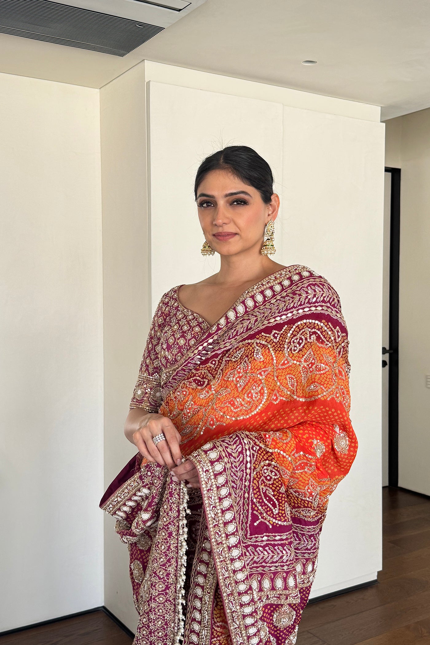 Orange And Purple Georgette Bandhani Saree Set