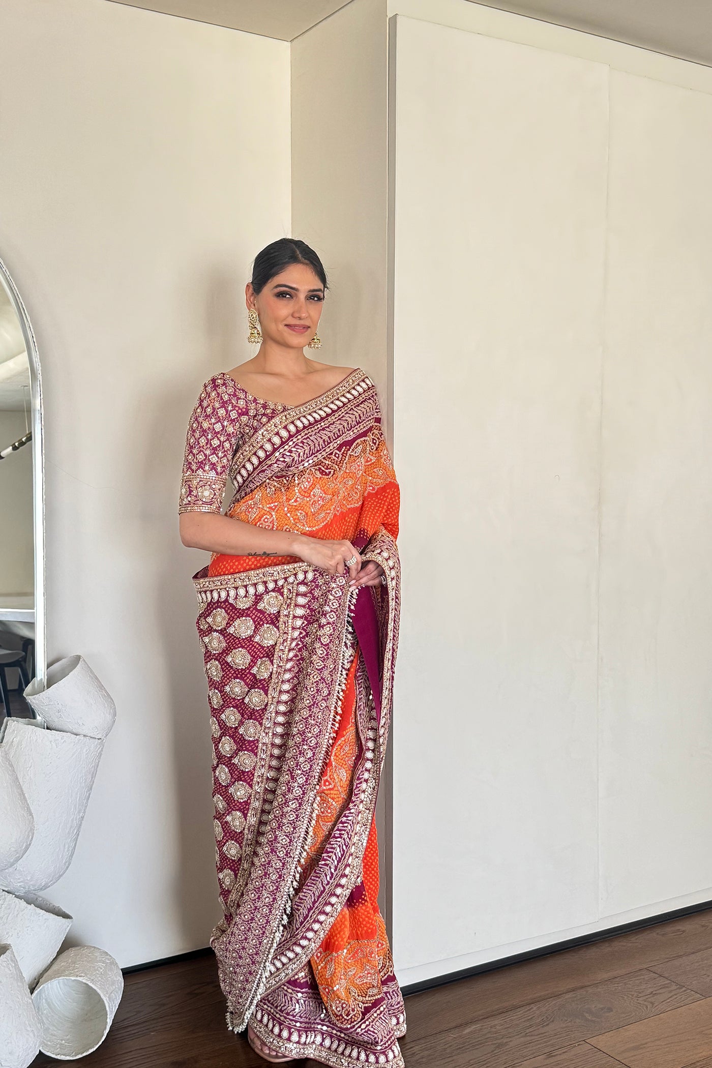 Orange And Purple Georgette Bandhani Saree Set