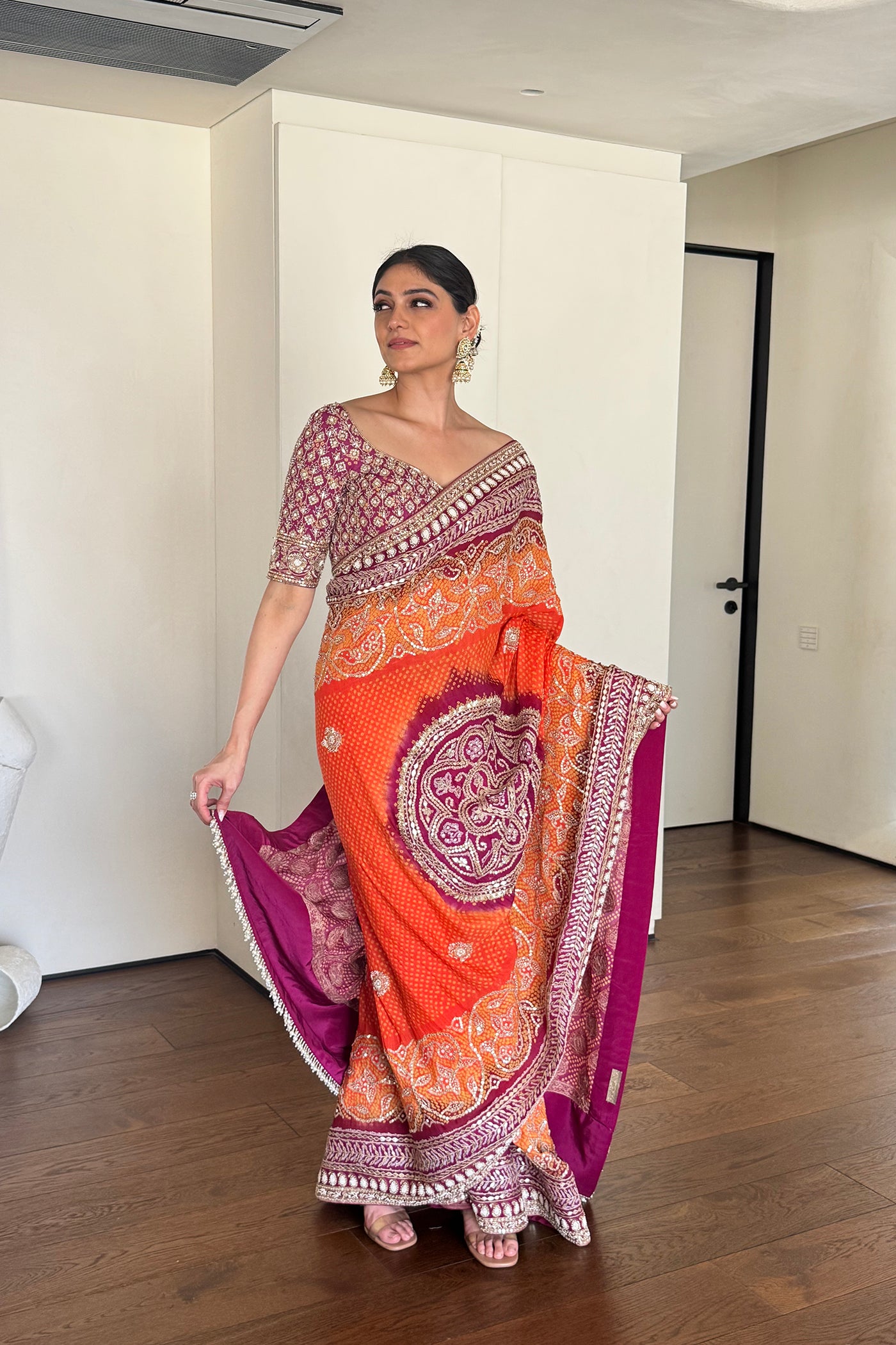 Orange And Purple Georgette Bandhani Saree Set