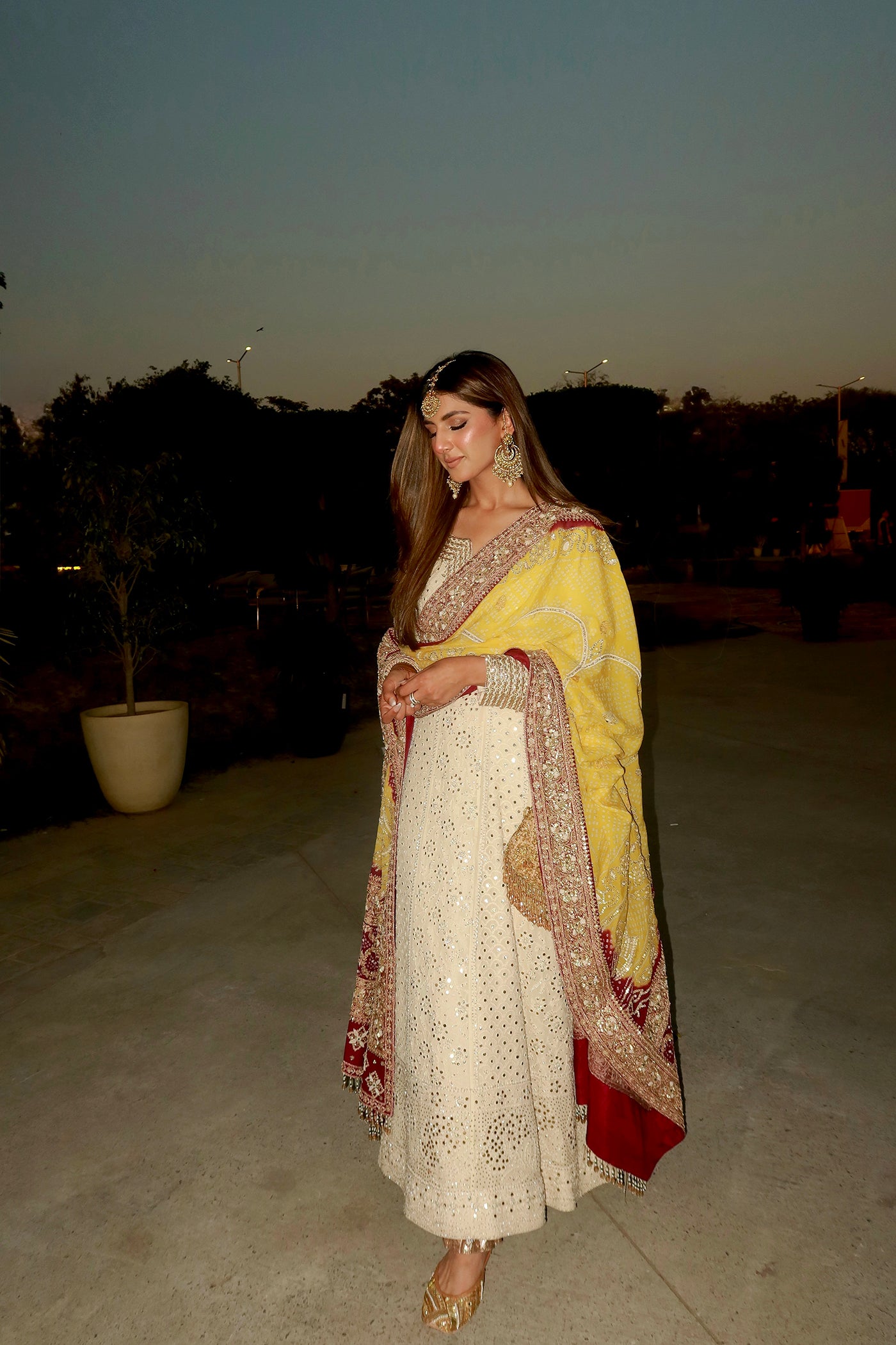MEHER TALUJA In Ivory chikankari anarkali with yellow purple bandhani dupatta