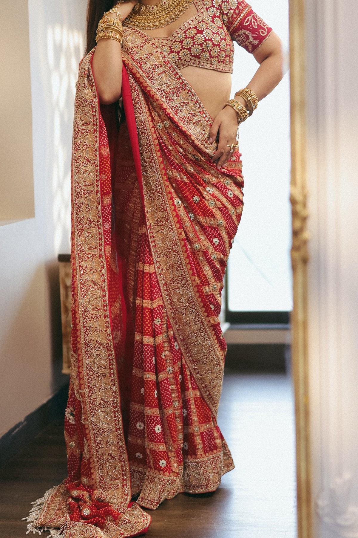Radhika Bhardwaj In Royal Red Ghatchola Bandhani Saree Set