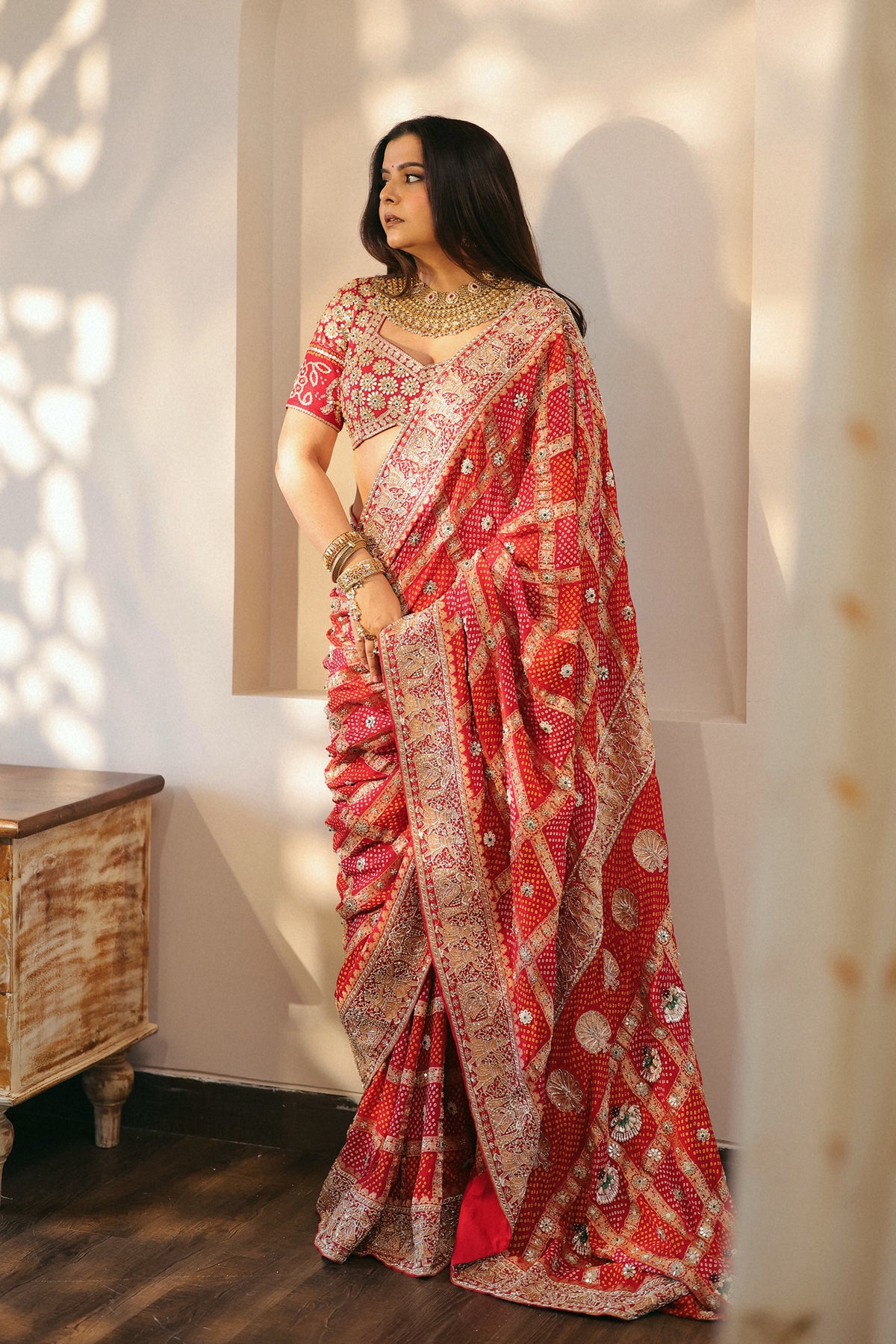 Radhika Bhardwaj In Royal Red Ghatchola Bandhani Saree Set