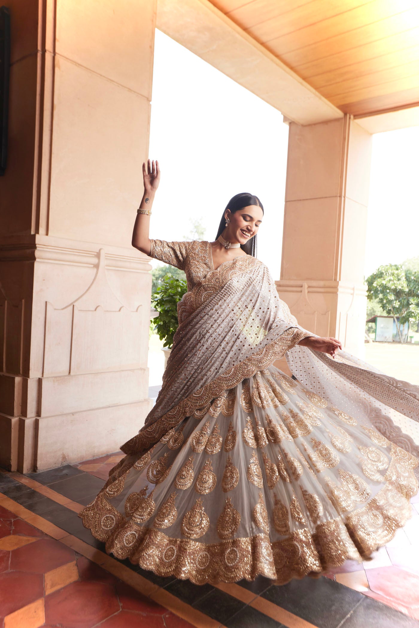 Grey Embroidered Lehenga Saree Set