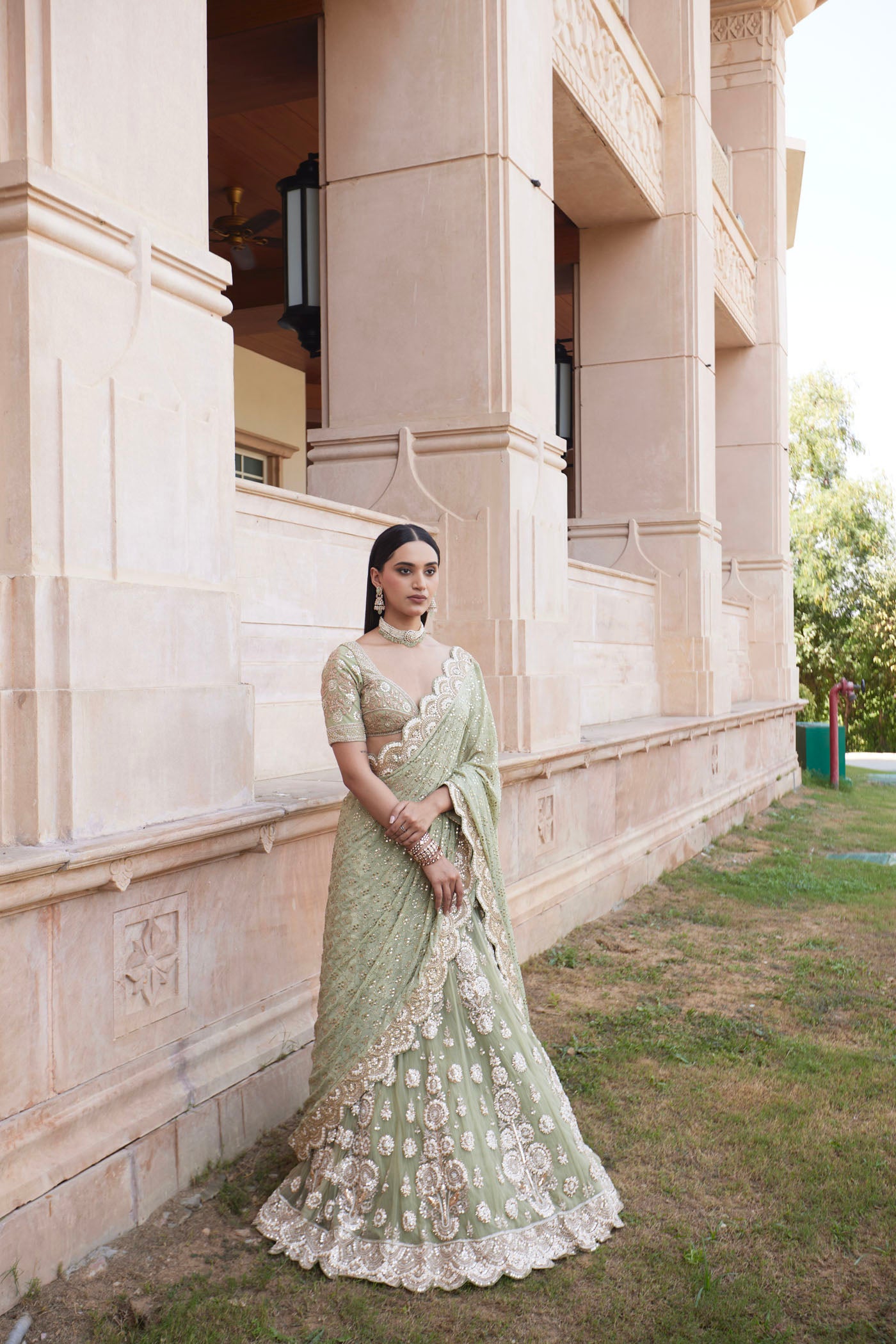 Mint green lehenga saree set