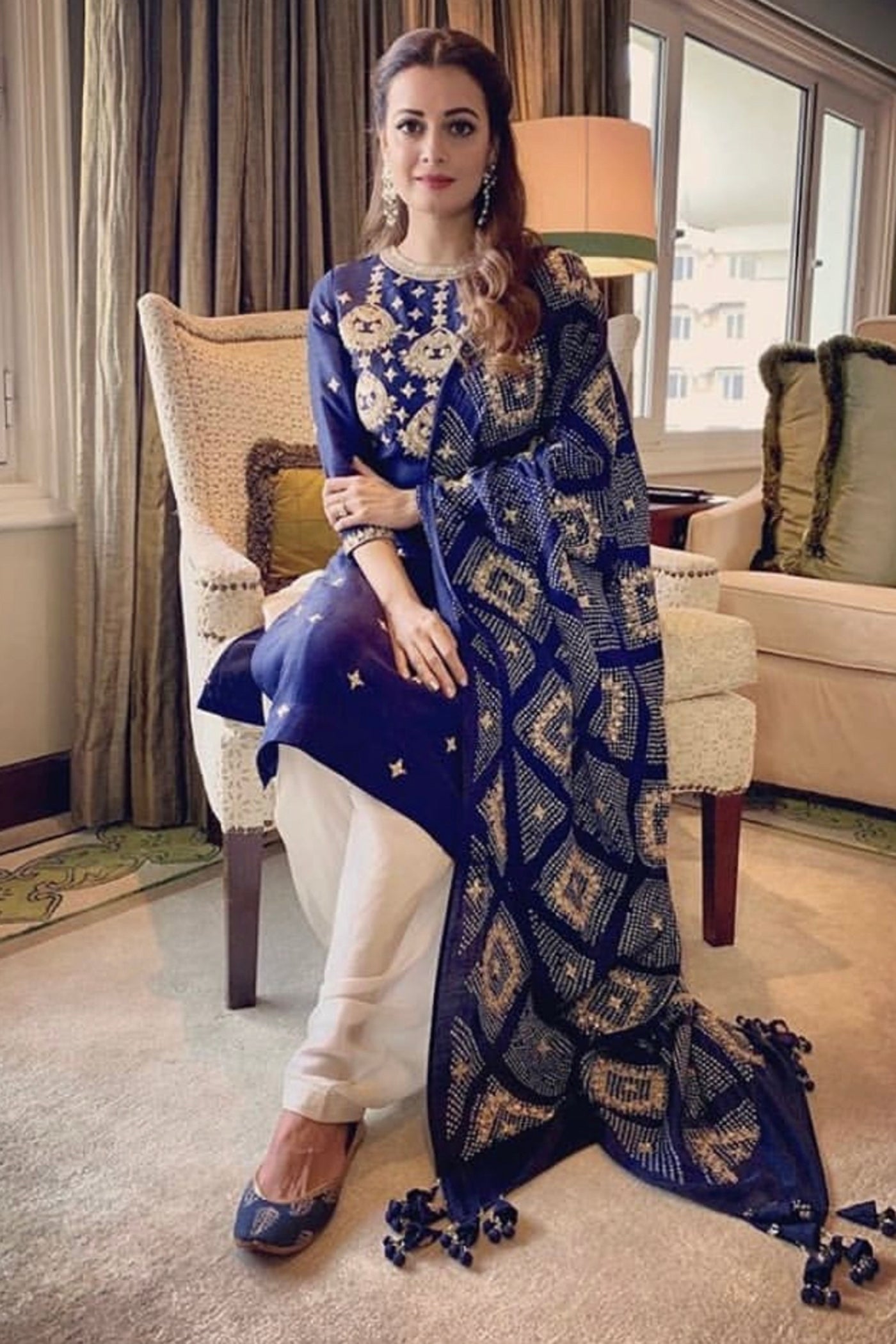 Navy Blue Embroidered Kurta Set with Bandhani Dupatta