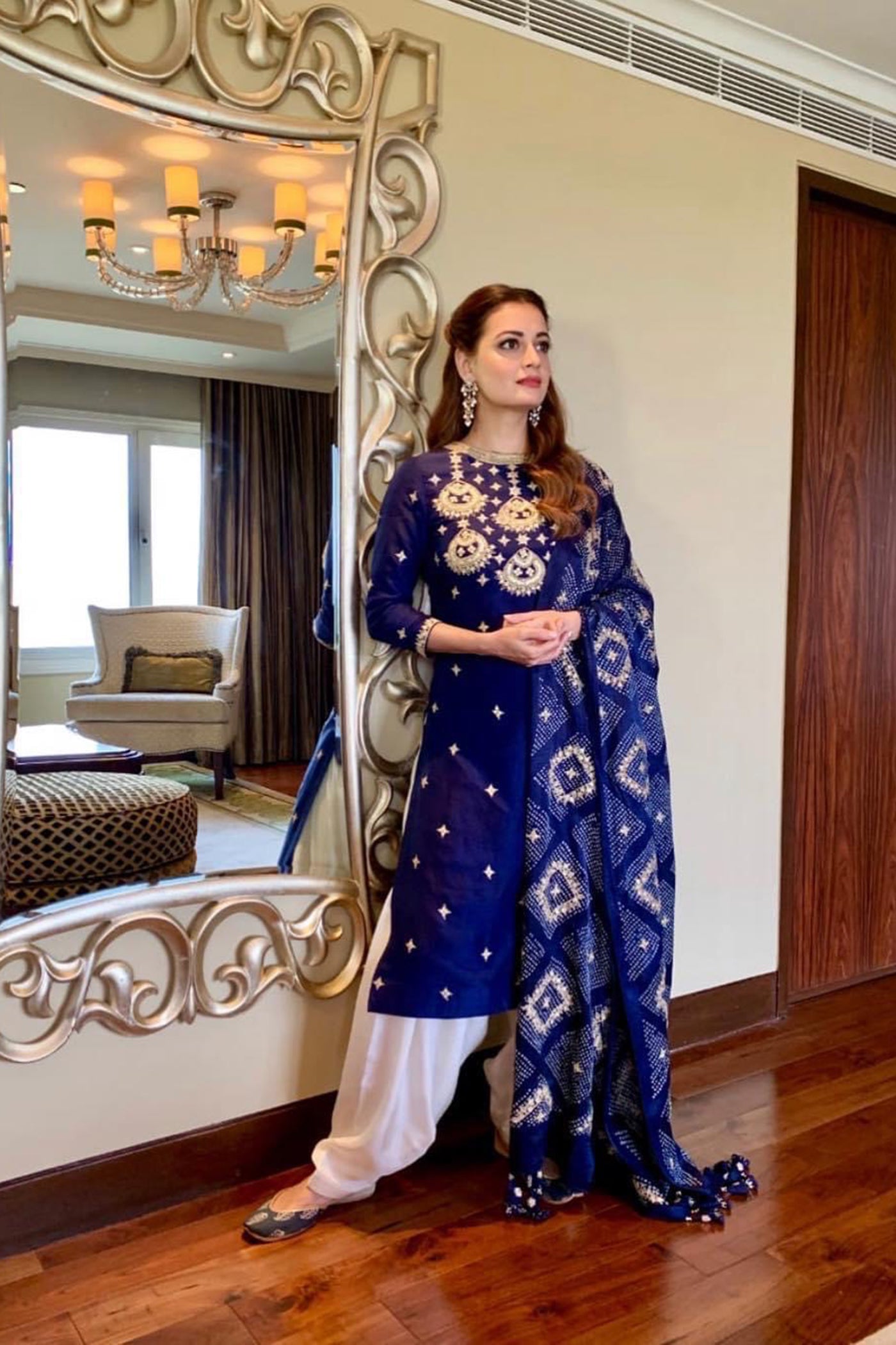 Navy Blue Embroidered Kurta Set with Bandhani Dupatta