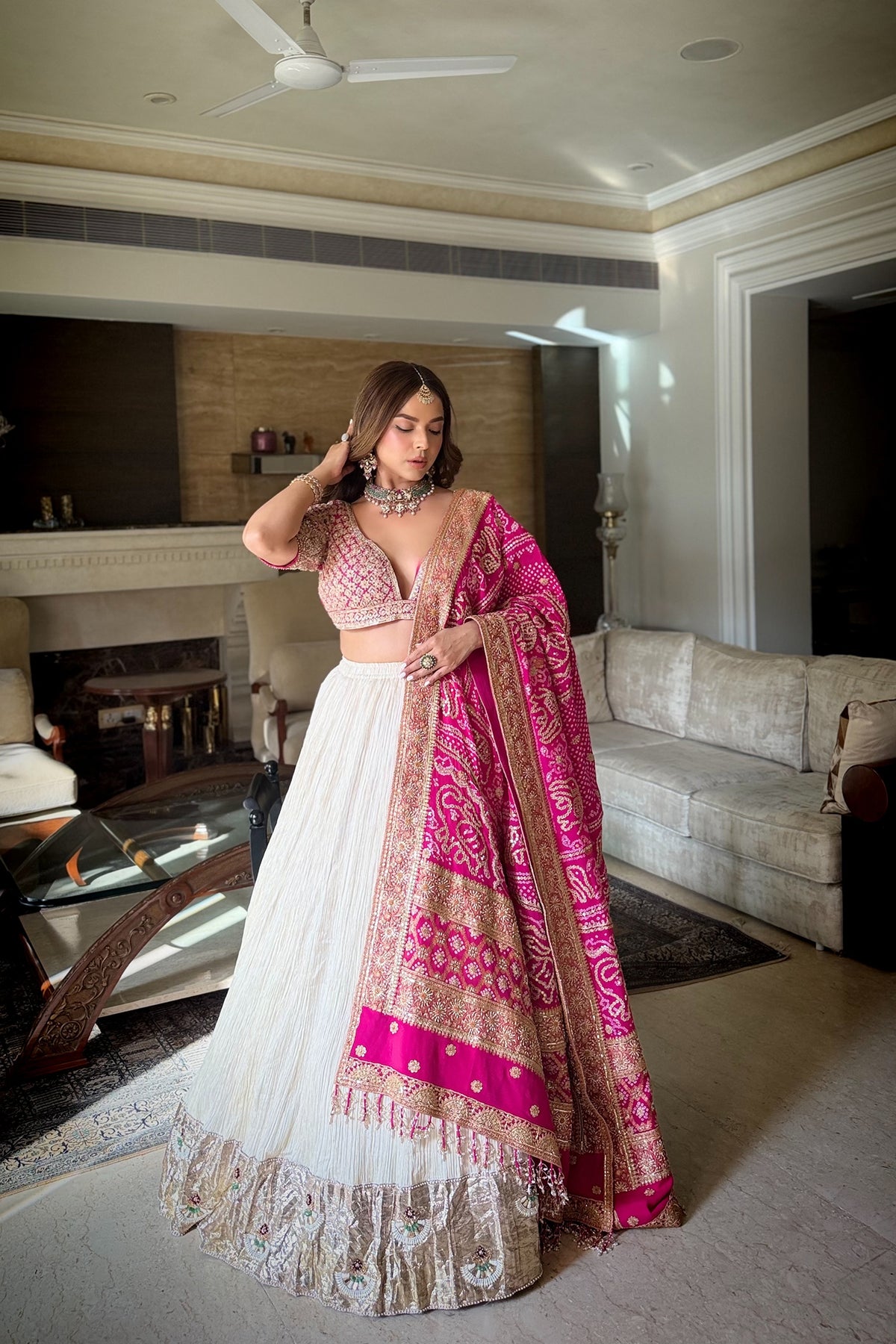 Chandni Girdhar In Ivory Crush Lappa Lehenga with Pink Bandhani Dupatta