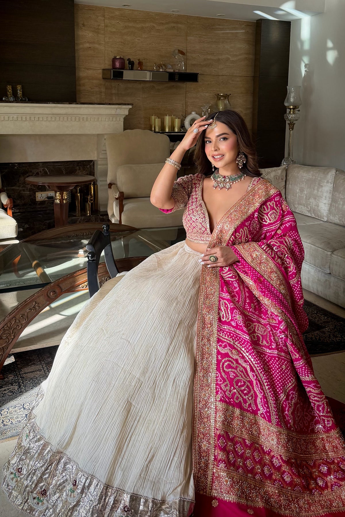 Chandni Girdhar In Ivory Crush Lappa Lehenga with Pink Bandhani Dupatta